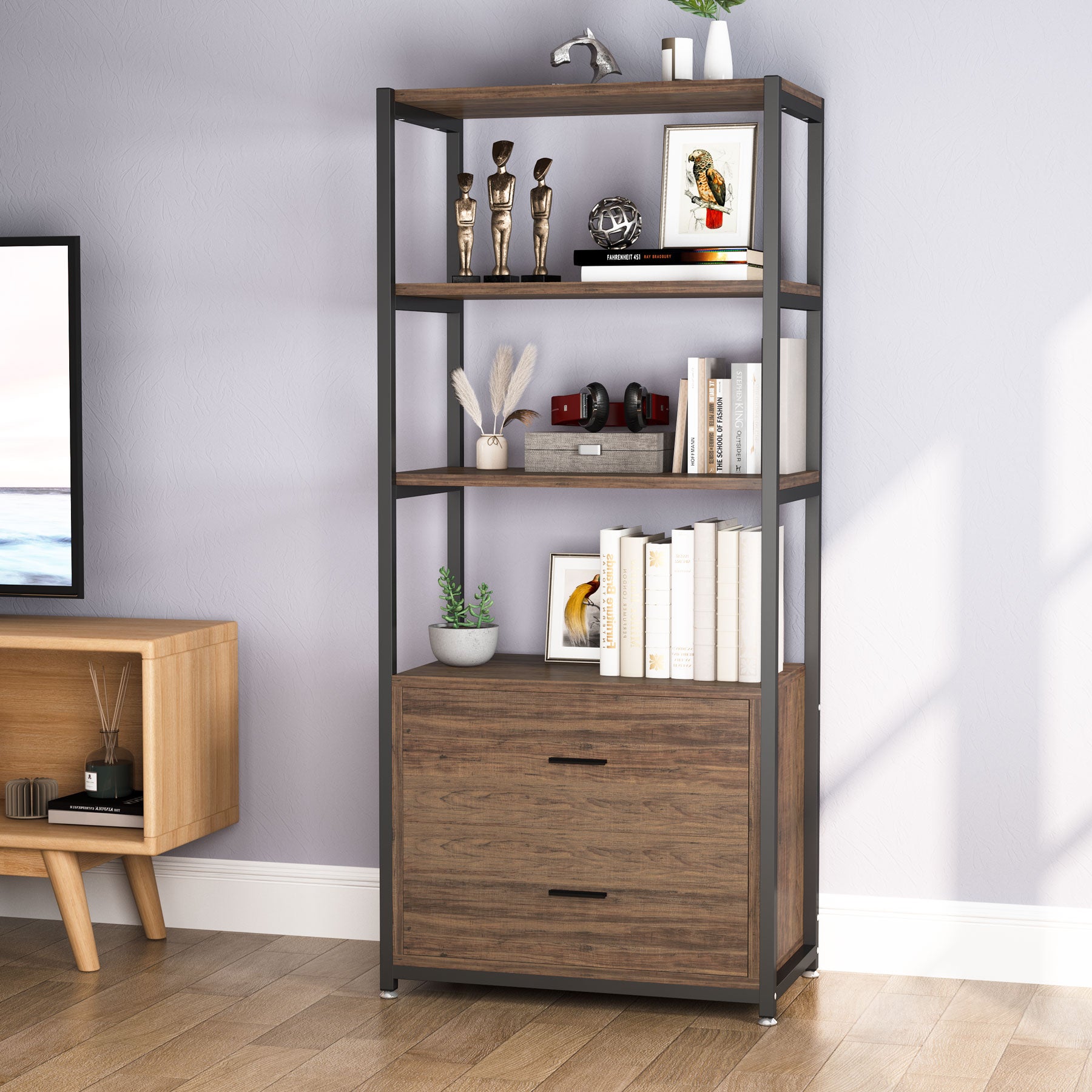 2-Drawer Bookshelf Etagere Bookcase with Open Shelves