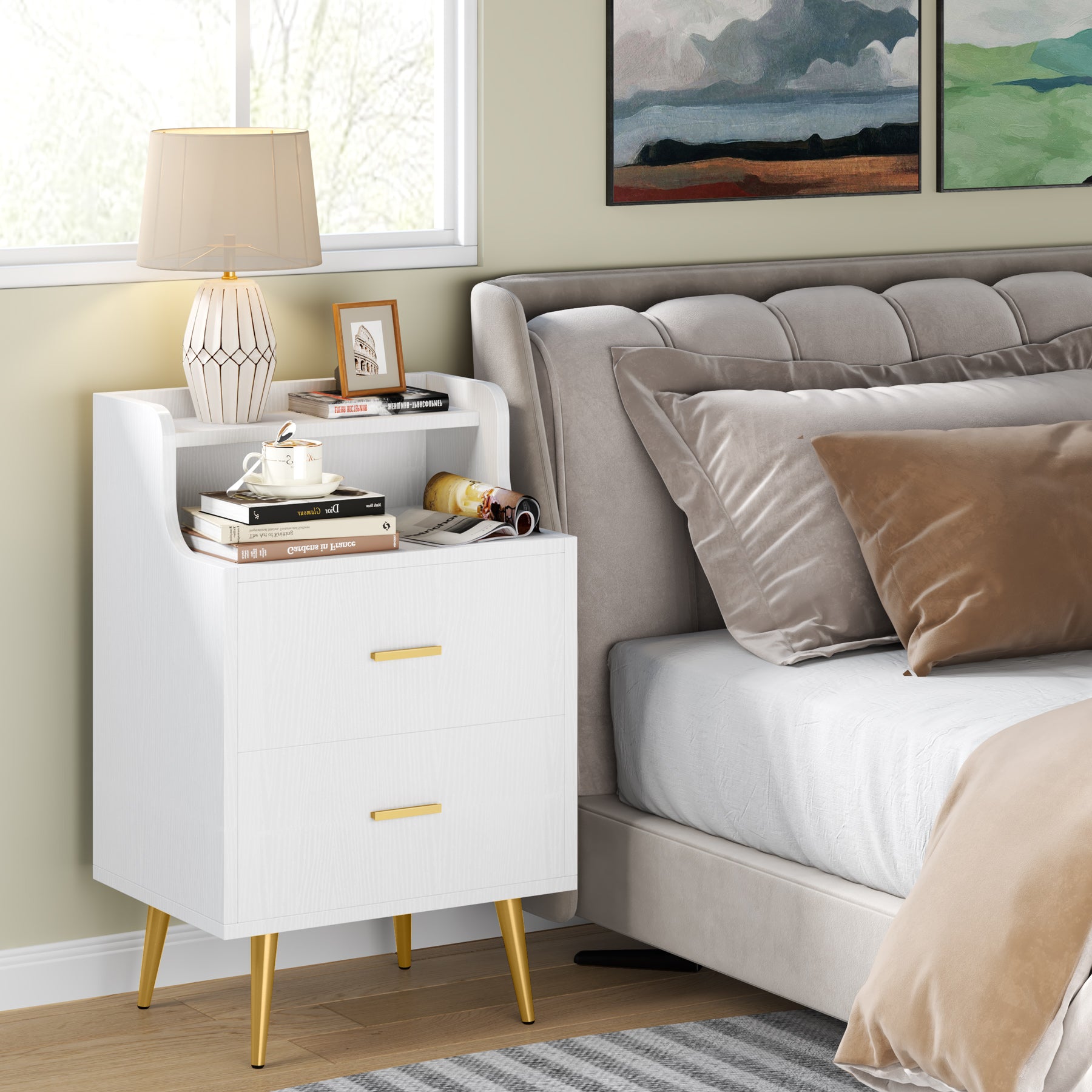 White Nightstand, Modern Bedside Table with 2 Drawers