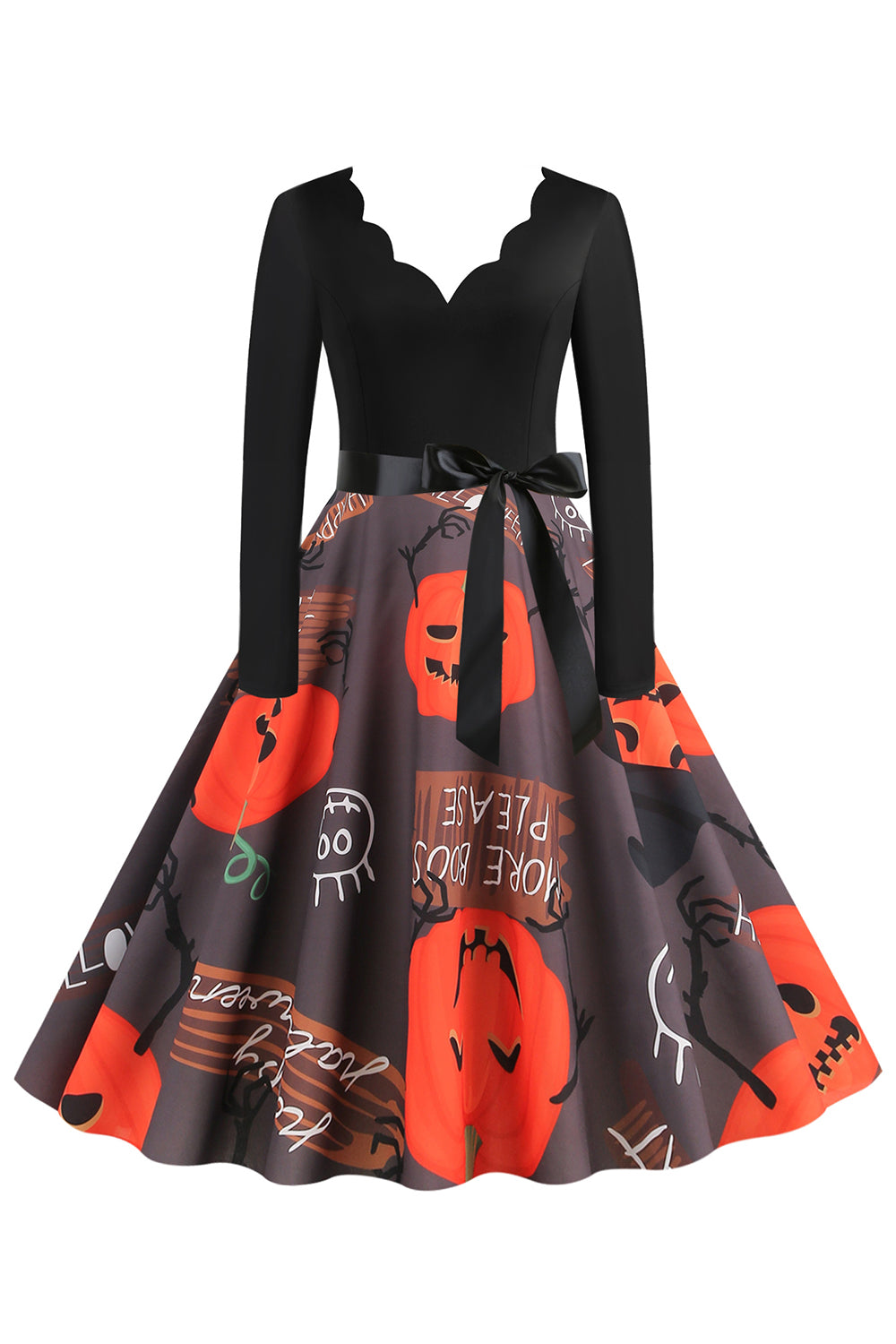 Wavy V-Neck Long Sleeve Print Halloween Retro Dress