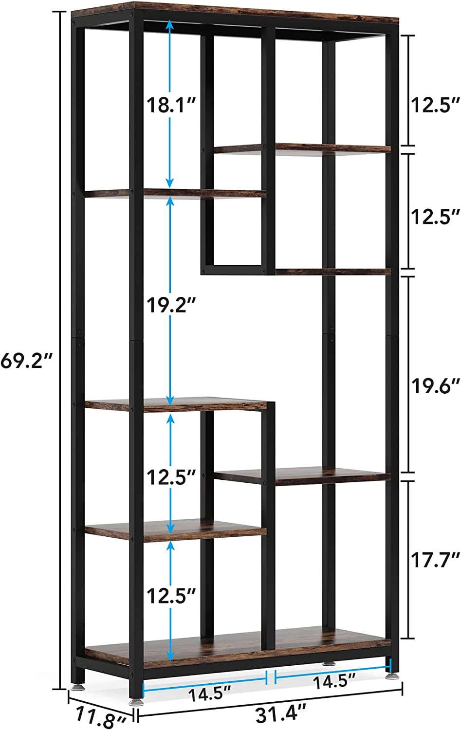 8-shelf Bookshelf, Industrial Open Bookcase Storage Display Rack