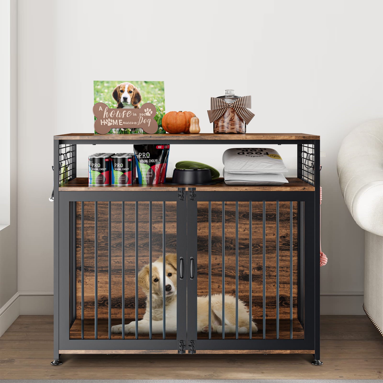 ABORON Wooden Large Dog Crate Furniture， 33/41 InchHeavy Duty Dog Cages for Medium/ Small Dogs Indoor， Super Sturdy Dog Kennel with Storage