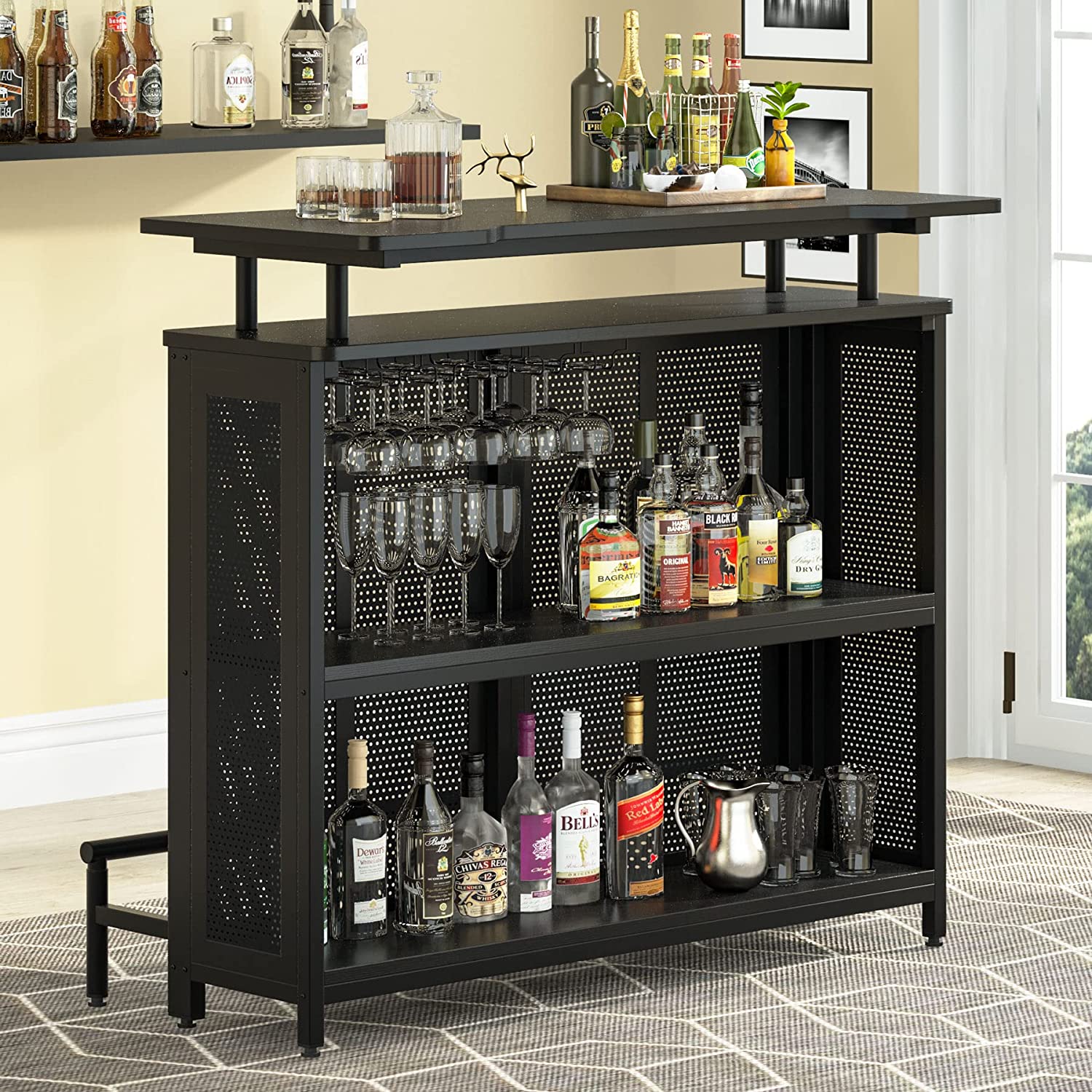 Home Bar Unit, 3-Tier Liquor Bar Table with Stemware Racks