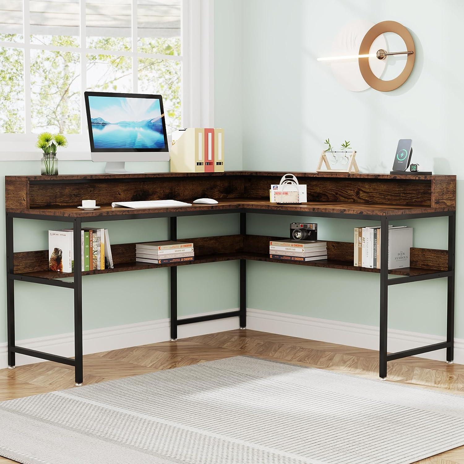 Rustic L-Shaped Desk, Corner Computer Desk with Monitor Stand & Storage Shelf