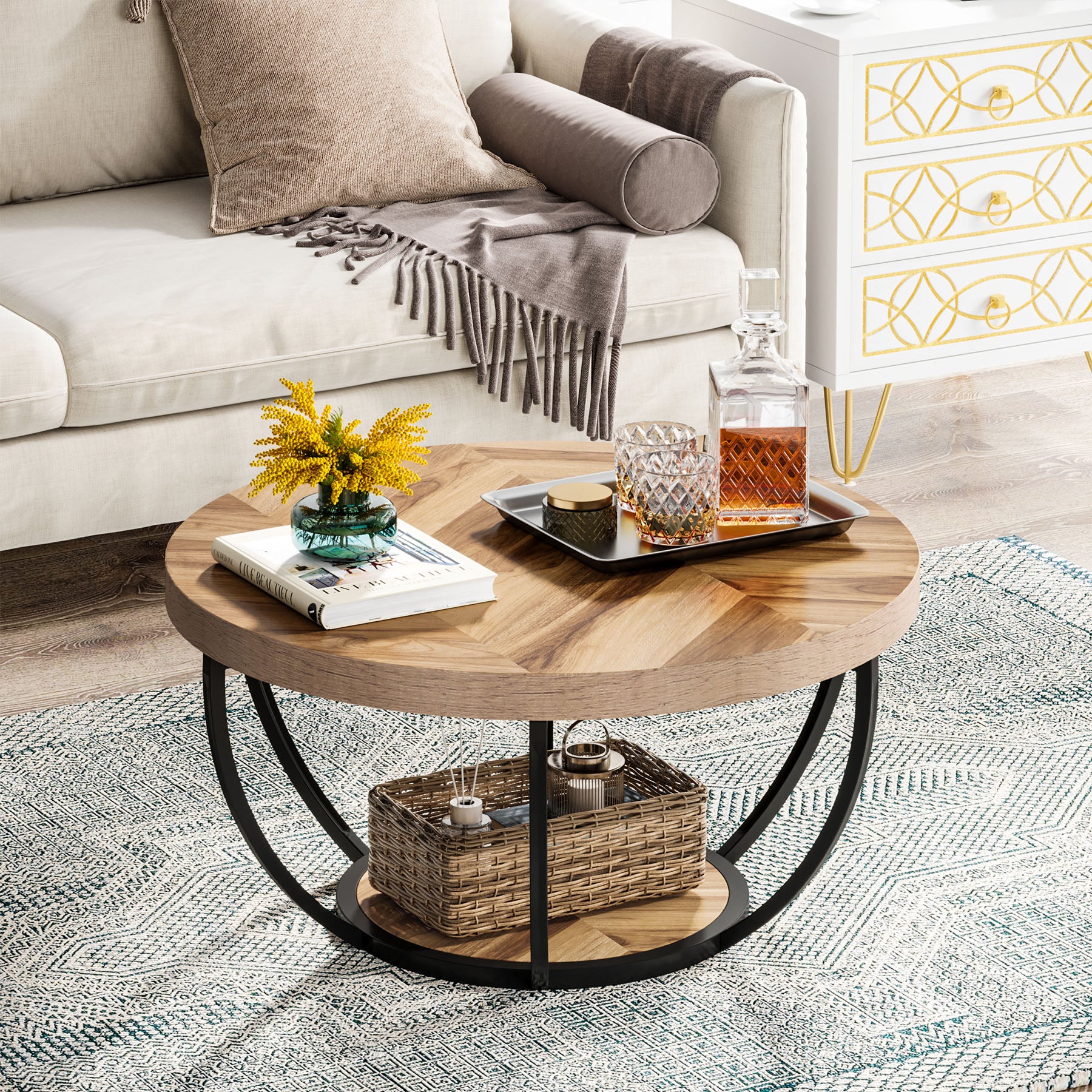 Wooden Coffee Table, 2-Tier Round Central Cocktail Table with Shelves