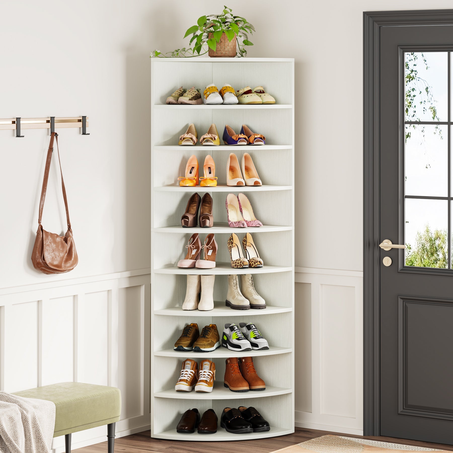 Corner Shoe Rack, 9-Tier Wooden Shoe Shelf Cabinet with Large Storage