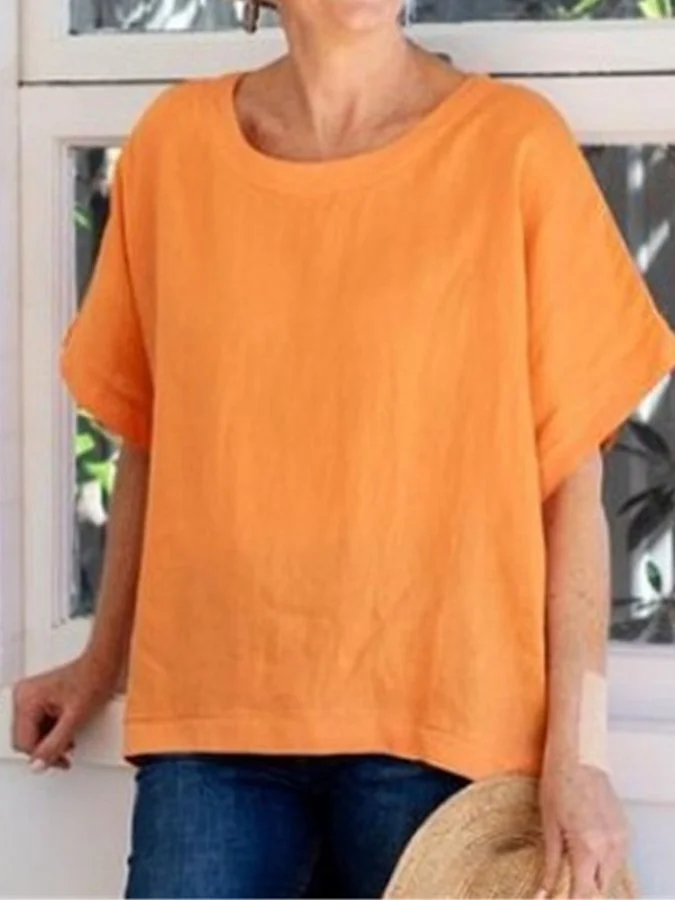 Ladies Cotton Linen Casual Loose Solid Color Shirt