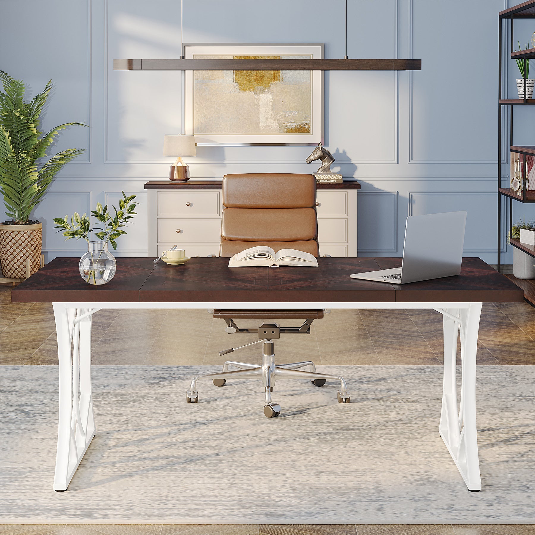 63-Inch Executive Desk, Industrial Computer Desk with Wooden Tabletop