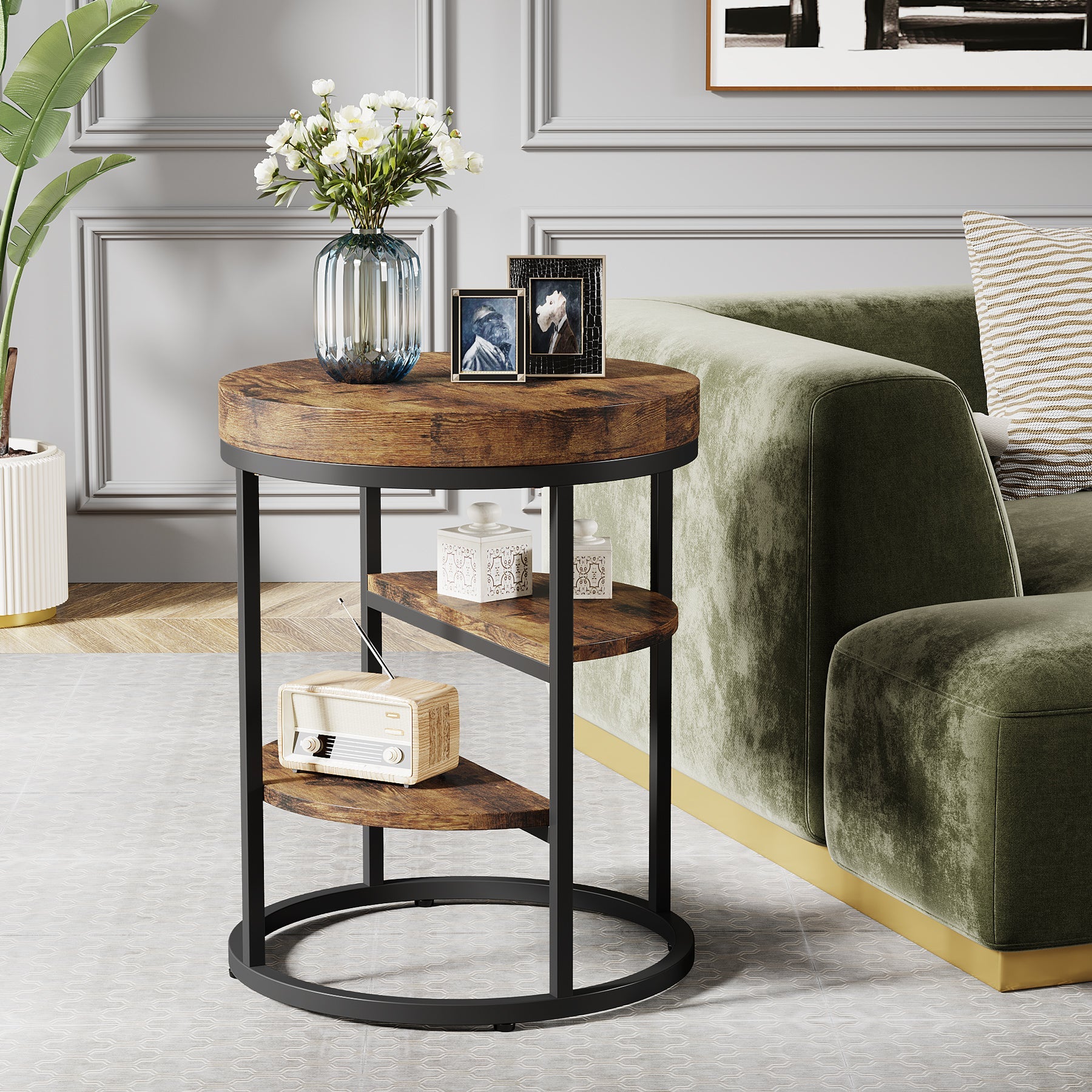 Round End Table, Small  Side Table Nightstand with 3-Tier Shelves