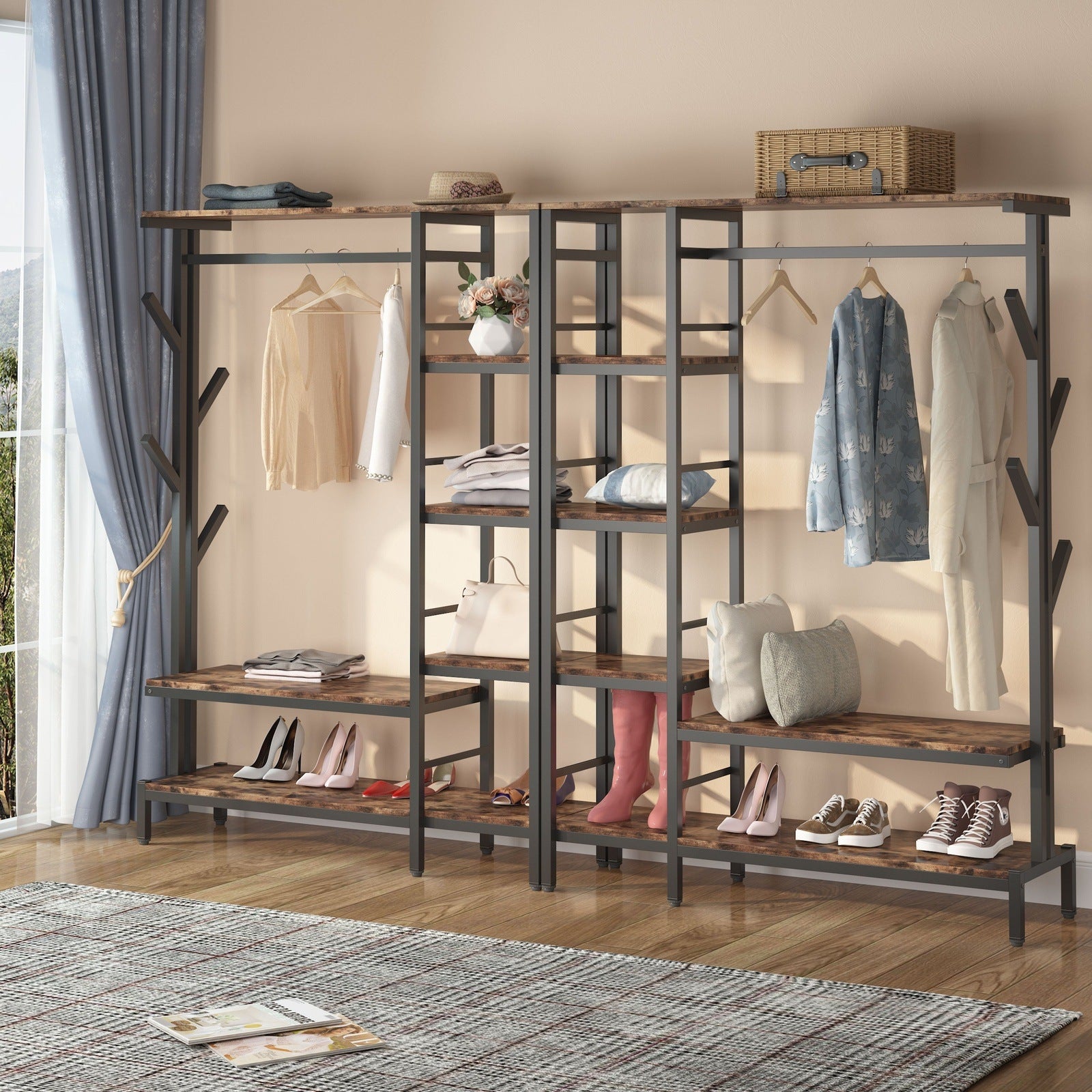 Freestanding Closet Organizer, Garment Rack with 4-Tier Shelves