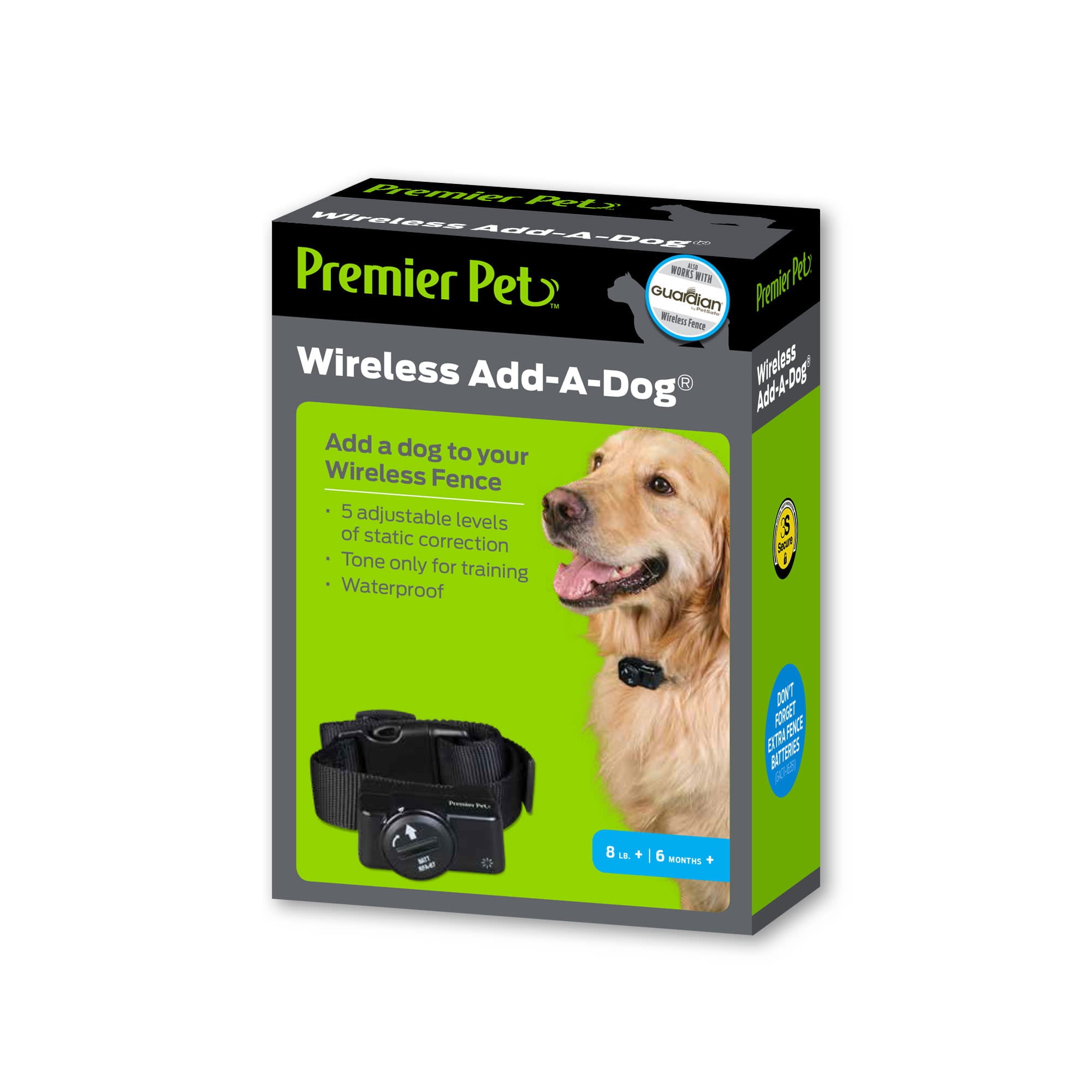 Premier Pet Wireless Add-A-Dog: Adds Unlimited Dogs to Premier Pet Wireless Fence， Additional or Replacement Collar， Adjustable， Waterproof， Tone and Static Correction， Low Battery Indicator