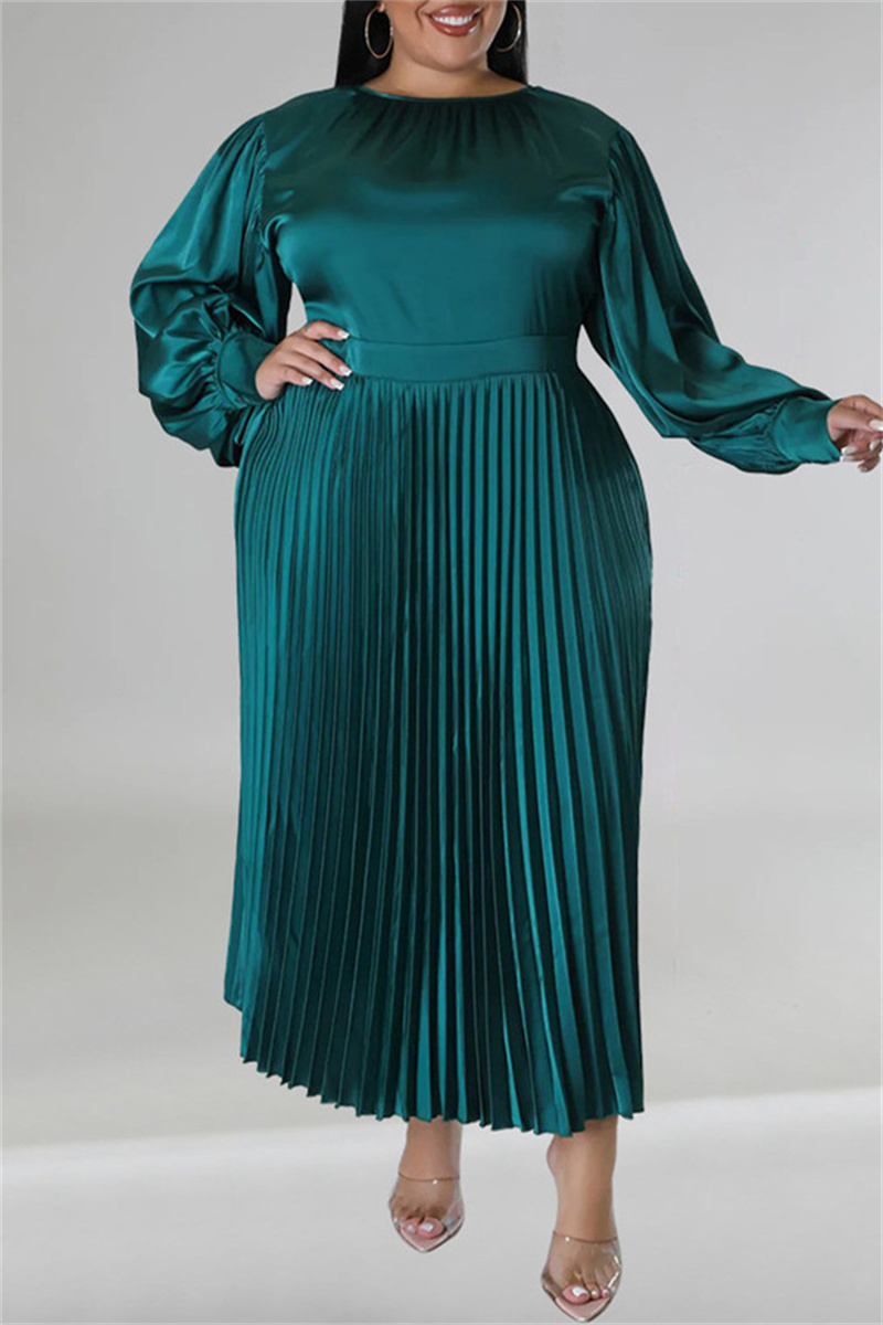 5XL Green Casual Solid Patchwork Fold O Neck Pleated Plus Size Dresses