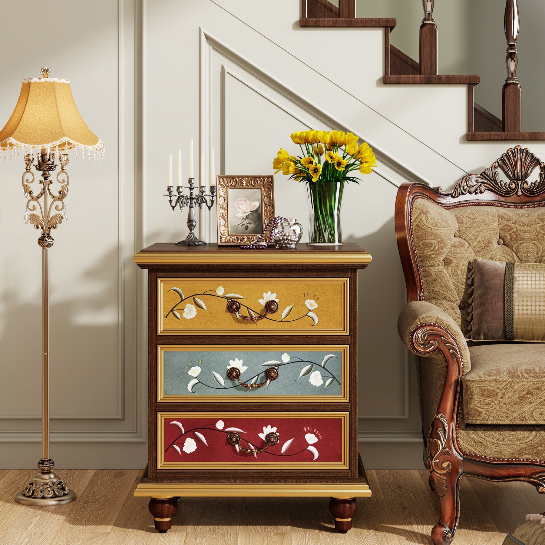 Vintage Nightstand, Side Table with 3 Storage Drawers