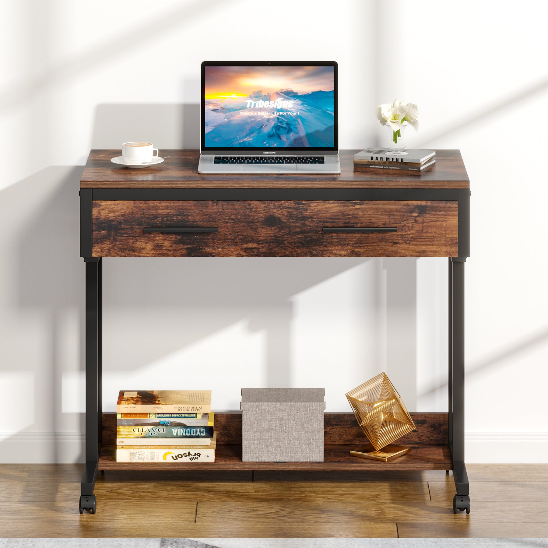 Height Adjustable Desk, Mobile Side Table Portable Desk with Drawers