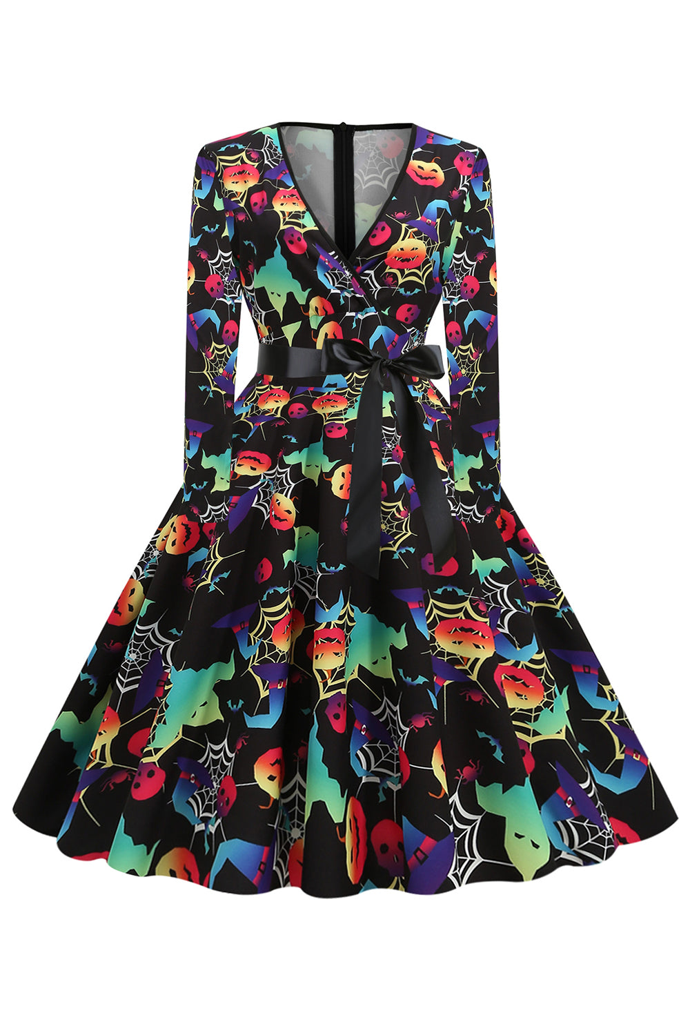 V-Neck Long Sleeve Halloween Skull Print Vintage Dress