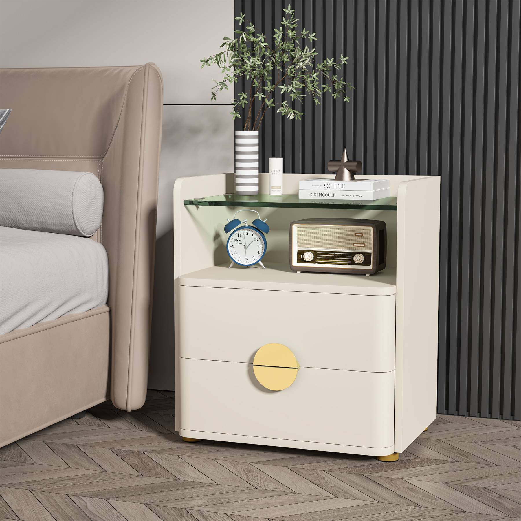 2-Drawer Nightstand, Modern Bedside Table with Open Storage