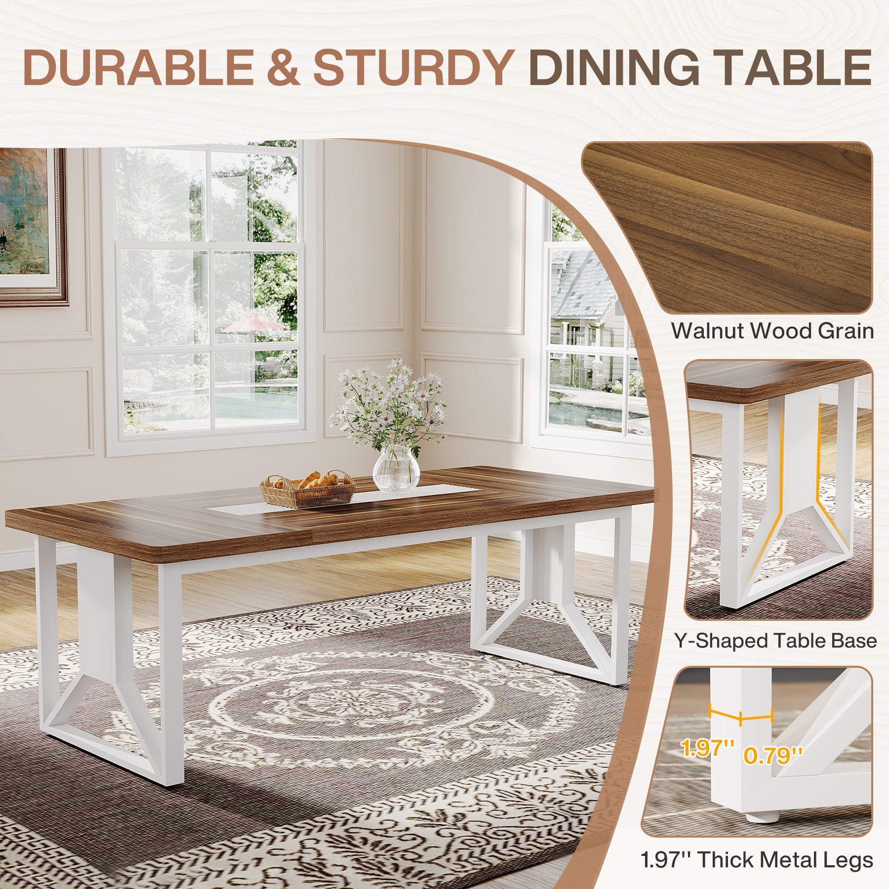 Wood Dining Table, 74.8-Inch Farmhouse Kitchen Table for 6-8 People