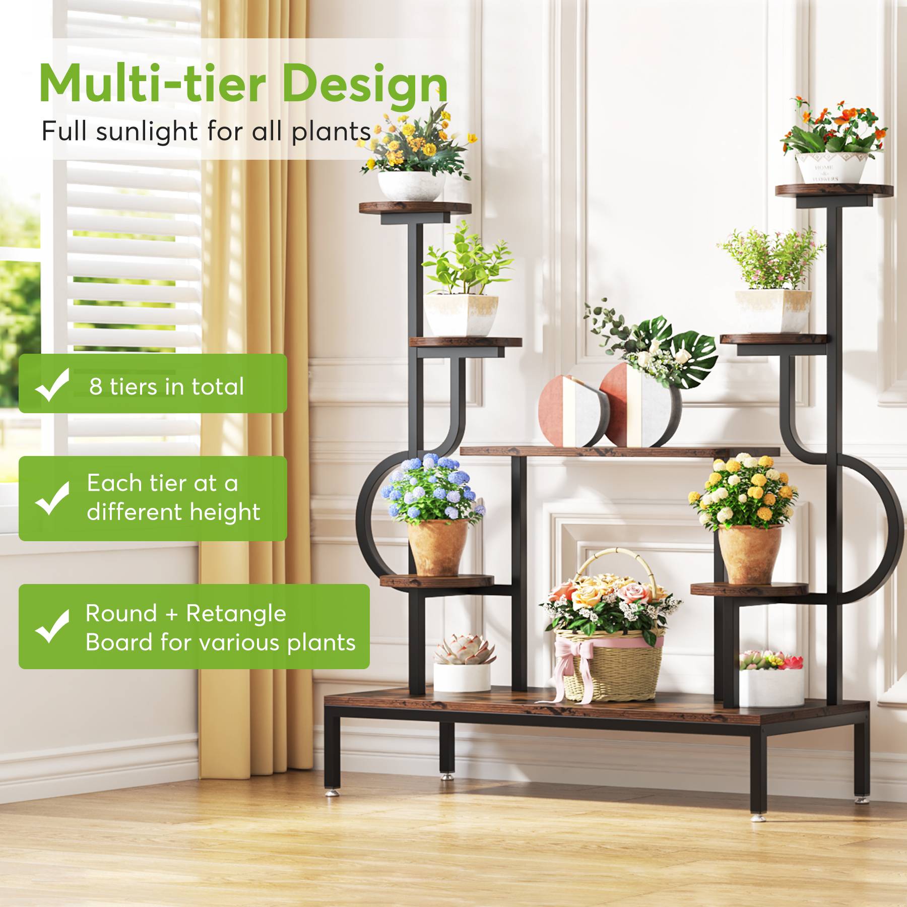 8-Tier Plant Stand, Wood Potted Ladder Holder Flower Rack Shelves