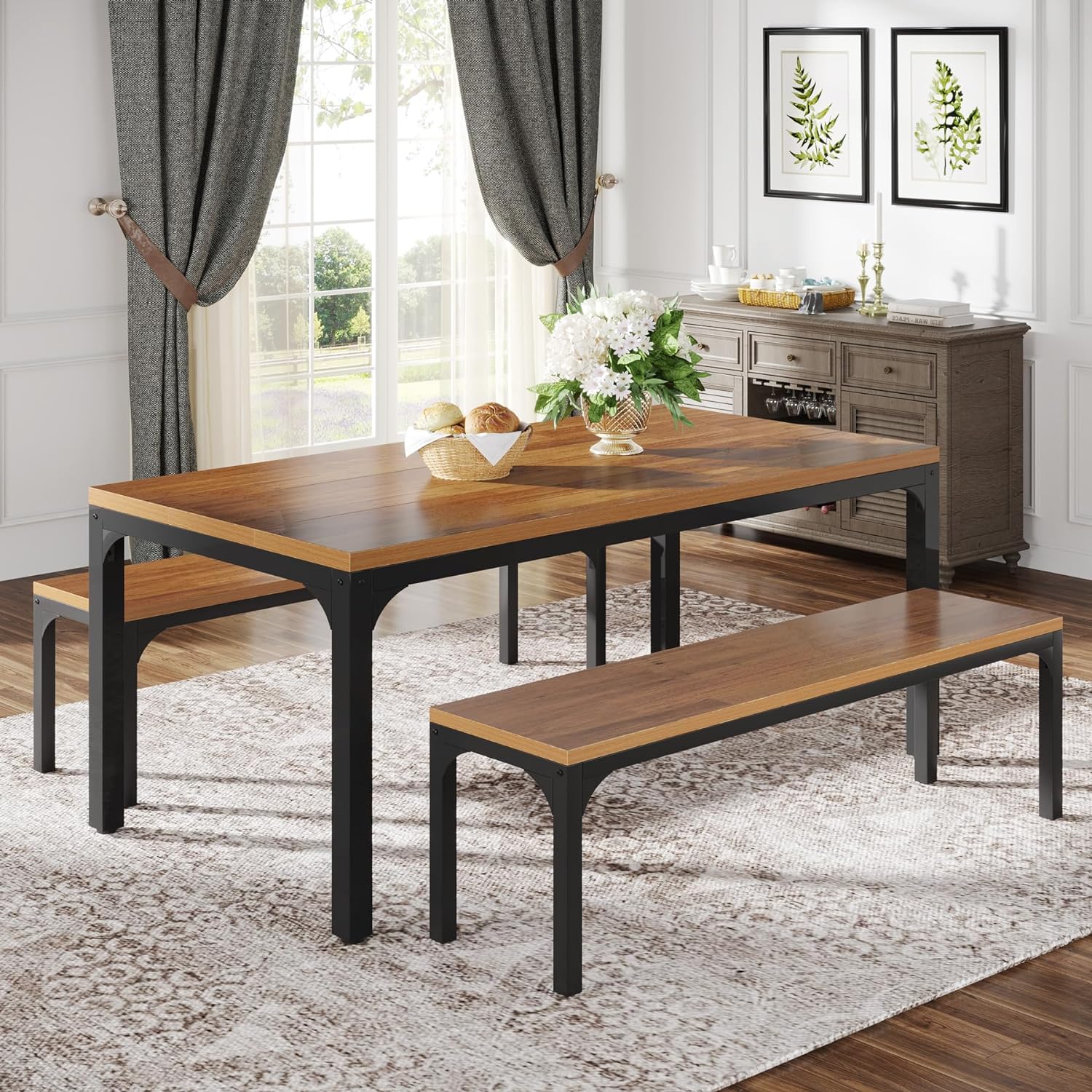 3 Pieces Dining Table Set for 6 People, Rectangular Kitchen Table with 2 Benches