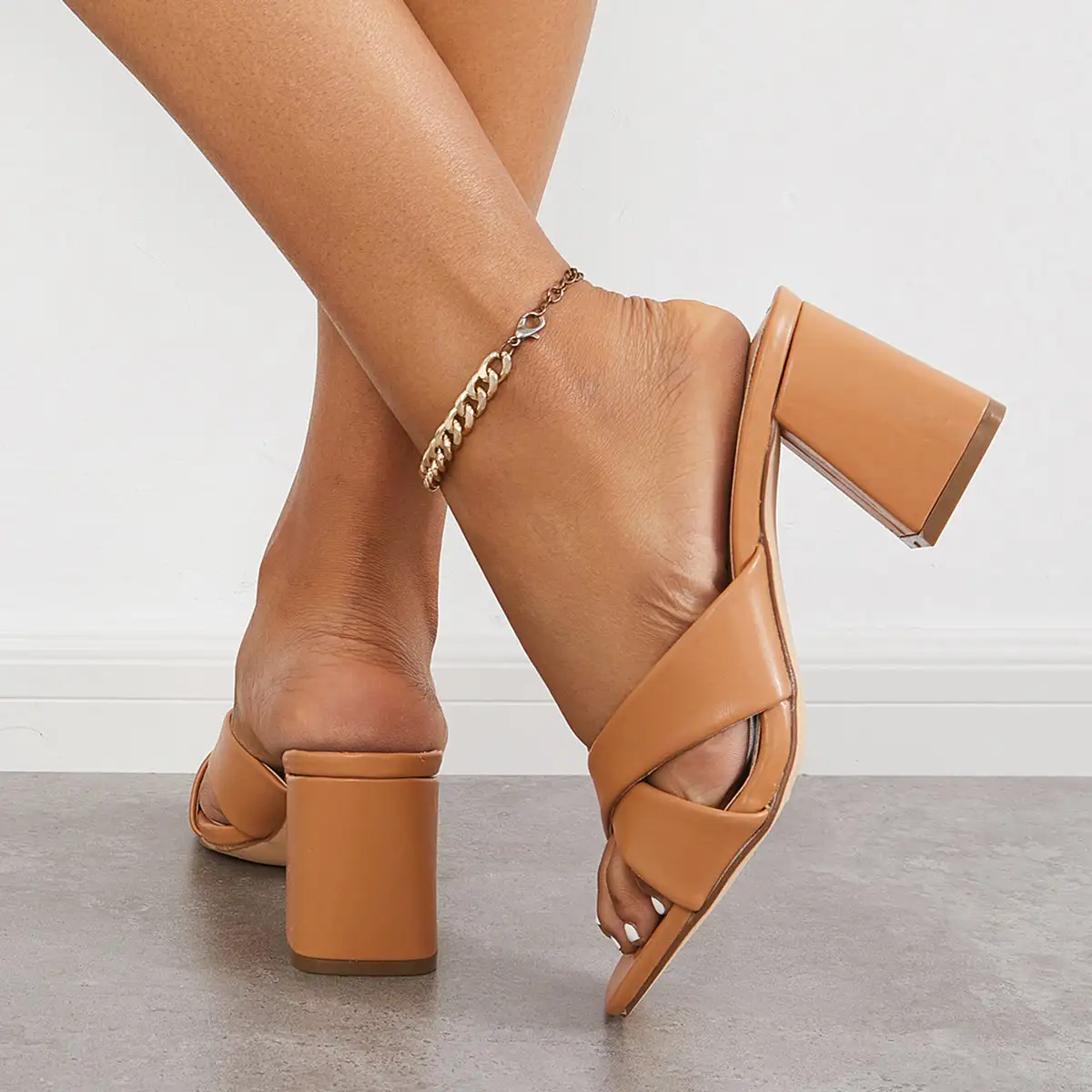 Criss Cross Strap Chunky Block Heel Mules Slip on Sandals