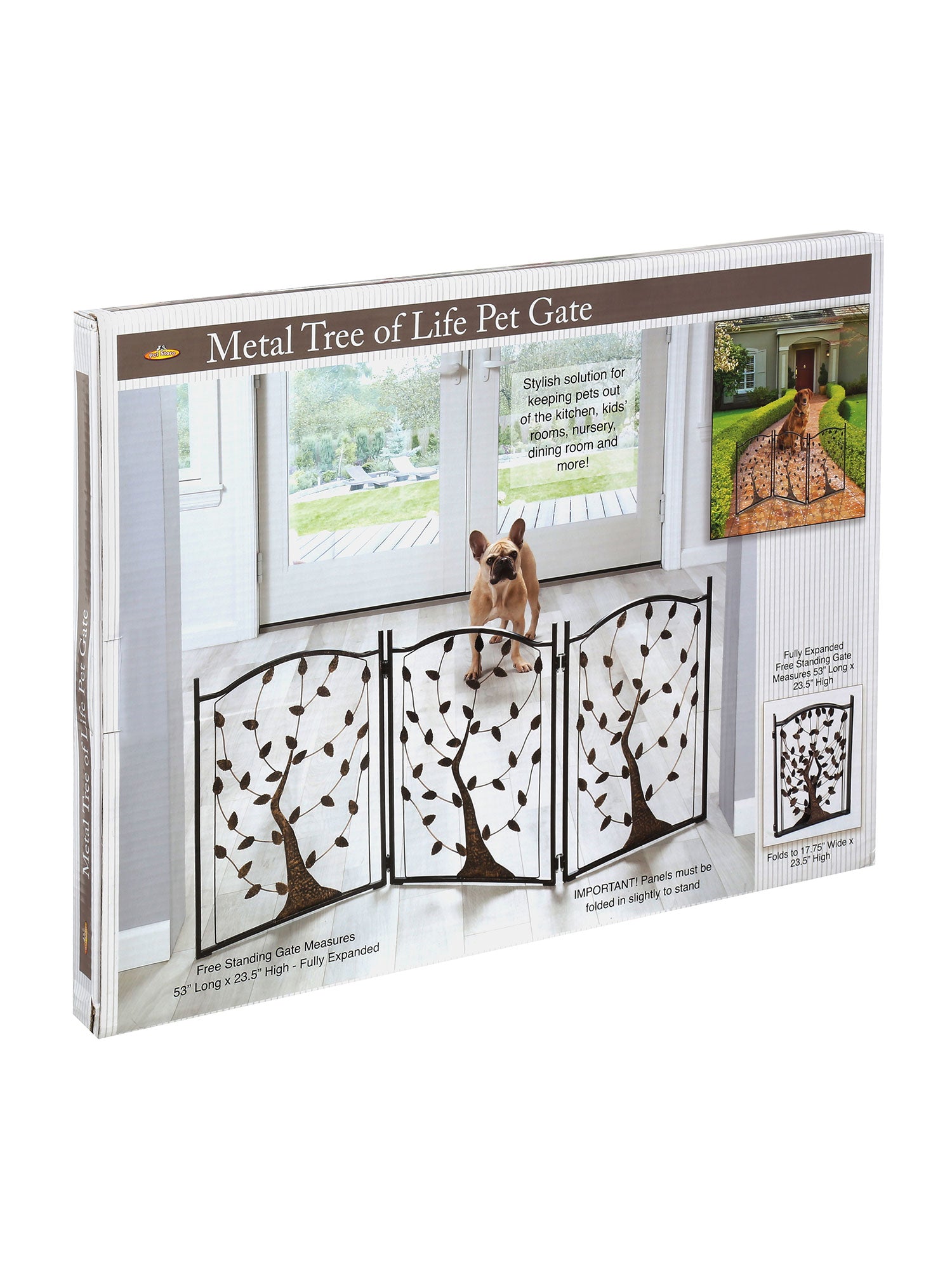 3-Panel Foldable Dog Gate Freestanding Dog Gate Metal， Tree of Life