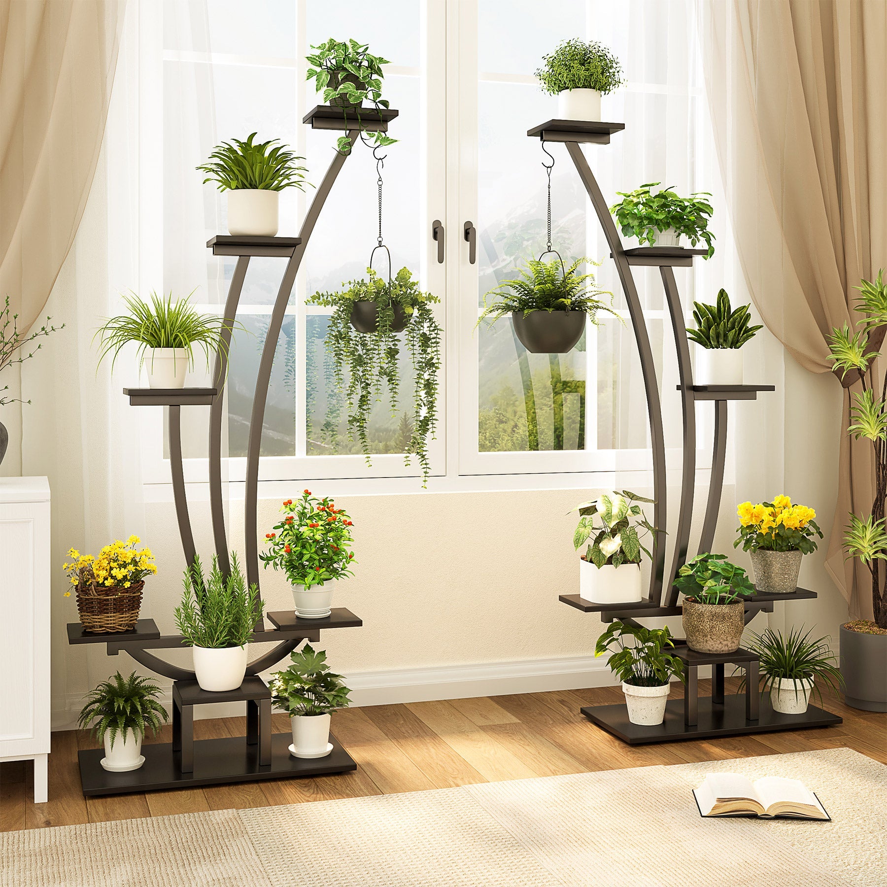 6-Tier Plant Stand Pack of 2, Metal Curved Display Shelf with 2 Hanging Hooks