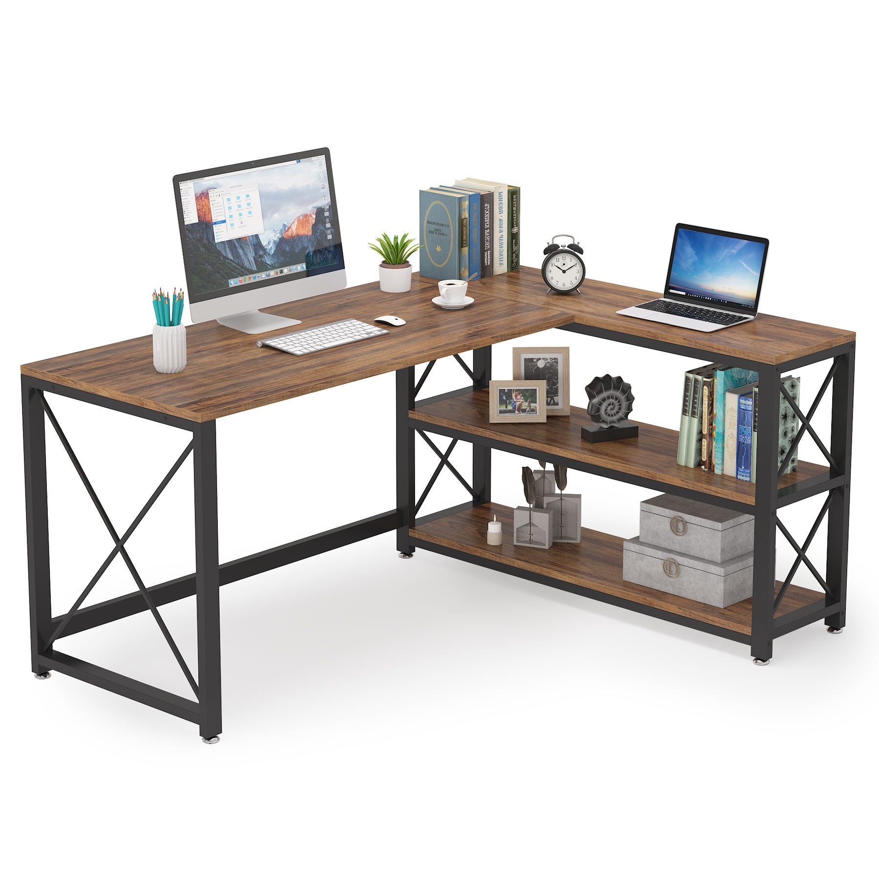 Reversible L-Shaped Desk, Corner Computer Desk with Shelves