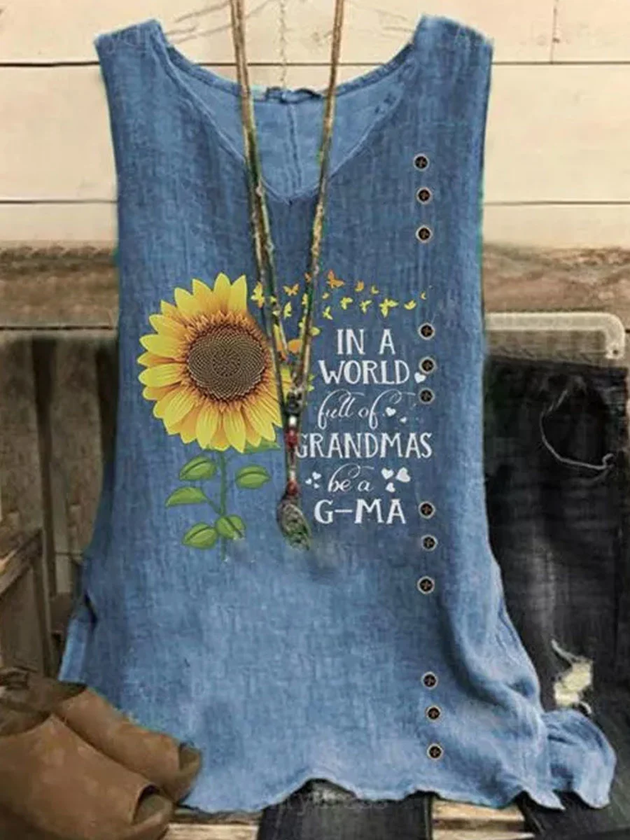 V-neck Floral Letter Print Loose Sleeveless Fashion Blouse
