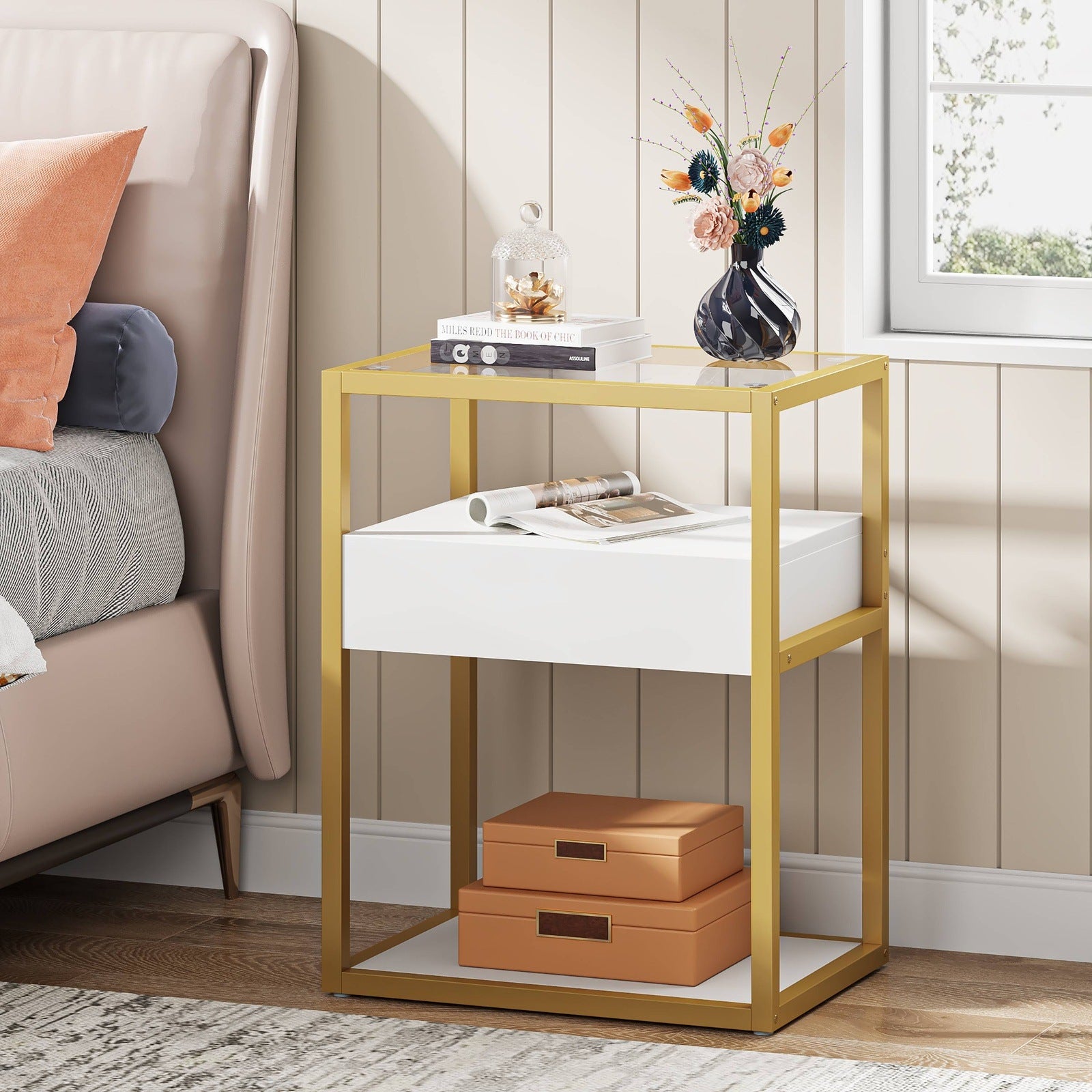 Modern Nightstand Side End Table with Drawer and Shelf