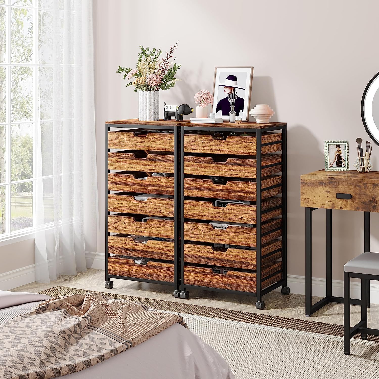 5/7 Drawer Chest, Wood Storage Dresser Cabinet with Wheels