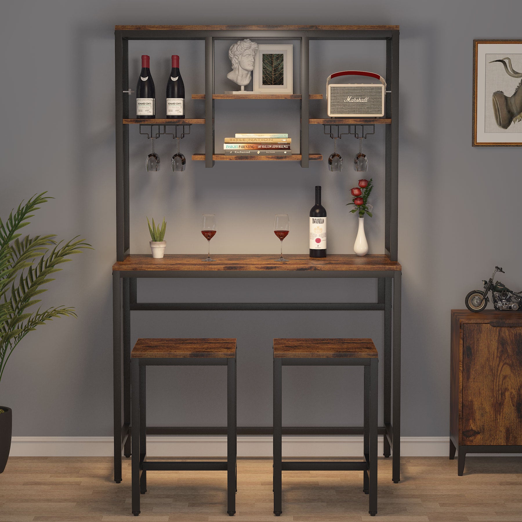 Bar Table Set, Industrial Pub Table with 2 Bar Stools & with Glass Holder