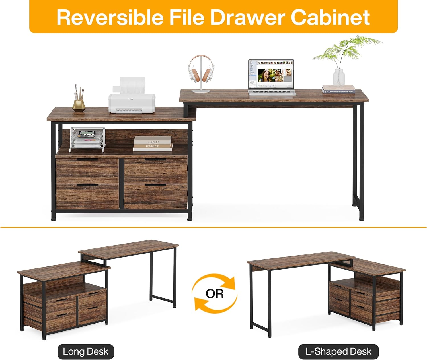 Reversible L-Shaped Desk, Corner Computer Desk with Drawers &  Shelves