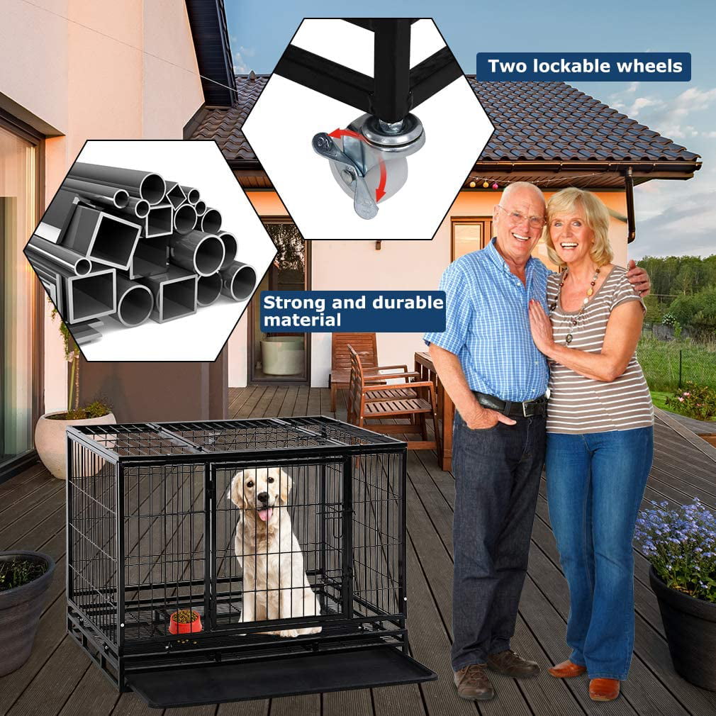 YRLLENSDAN 36/42/48 inch Heavy Duty XL Large Dog Crate for Large Dogs， Dog Crates and Kennels with Wheels Plastic Tray Double-Door Outdoor Metal Wire Pet Dog Cage for Medium Small Dogs