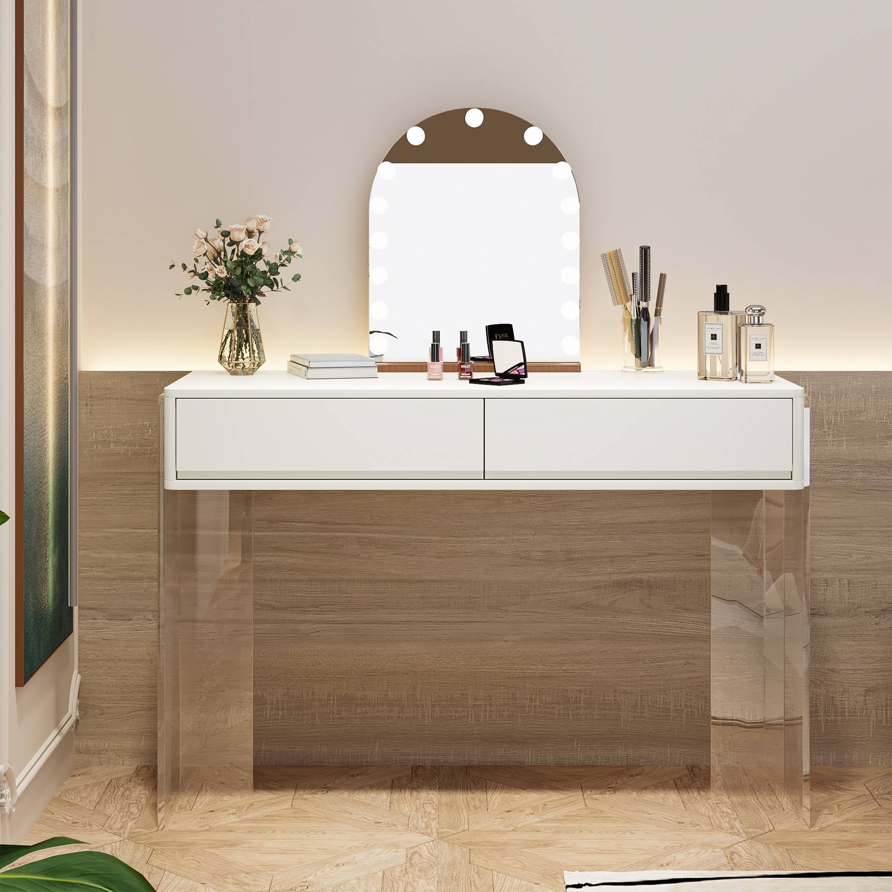 Modern Makeup Vanity with 2 Drawers & Acrylic Legs(Without Mirror)