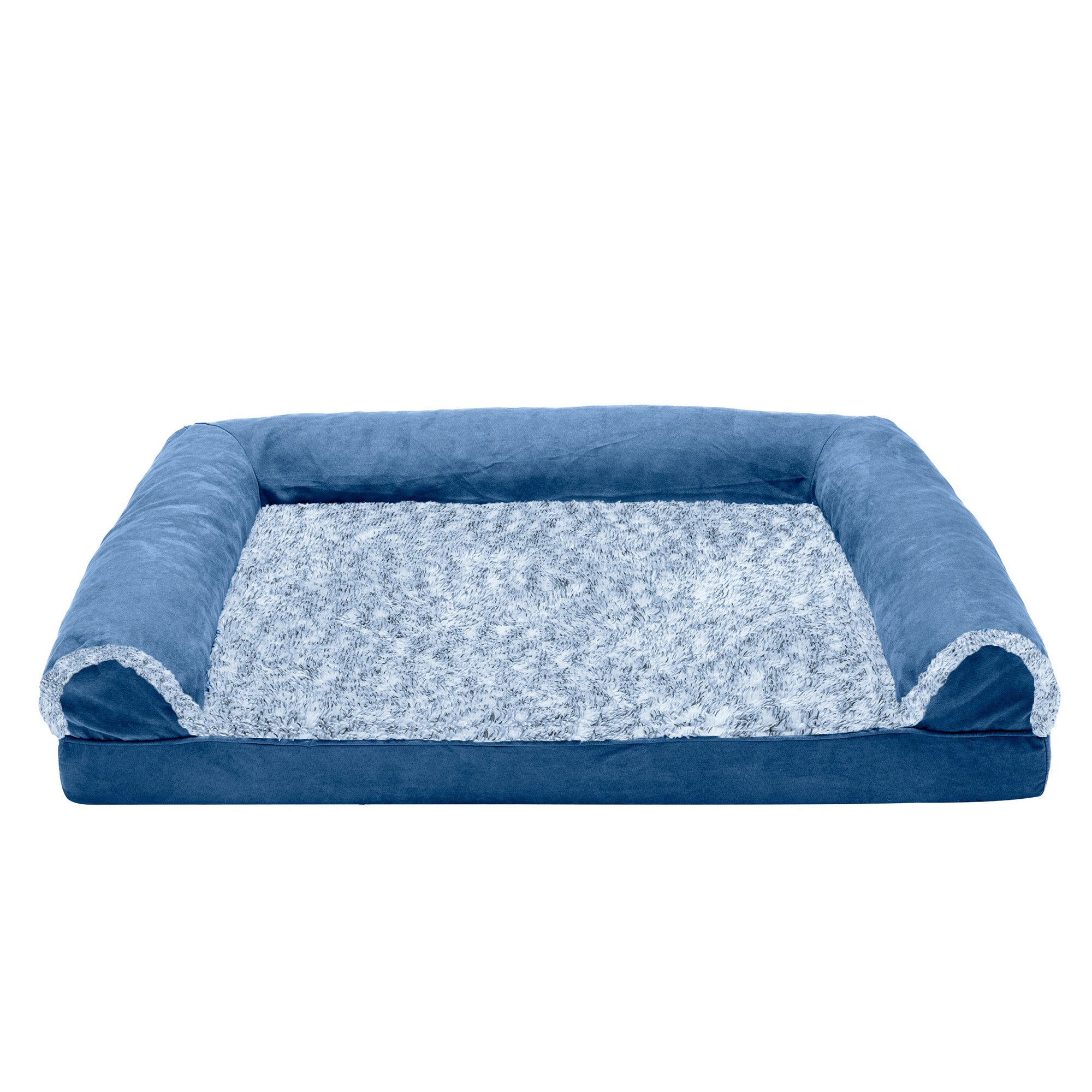 FurHaven Pet Dog Bed | Orthopedic Two-Tone Faux Fur and Suede Sofa-Style Couch Pet Bed for Dogs and Cats， Marine Blue， Large