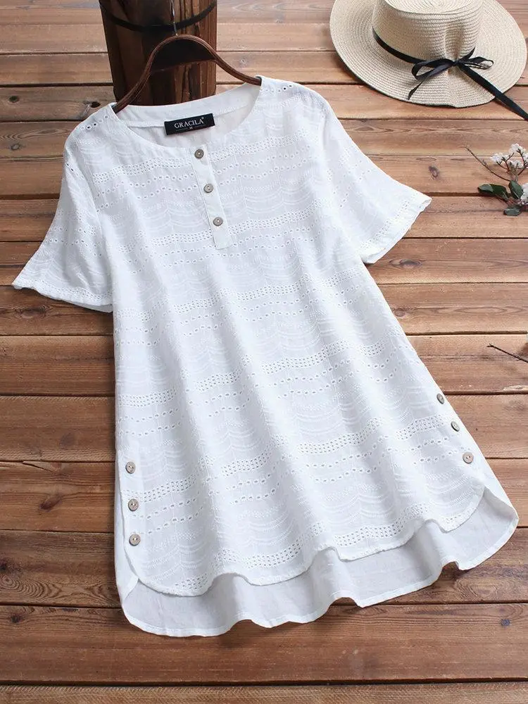 Bohemian Embroidered Crew Neck Short Sleeve Button Down Shirt