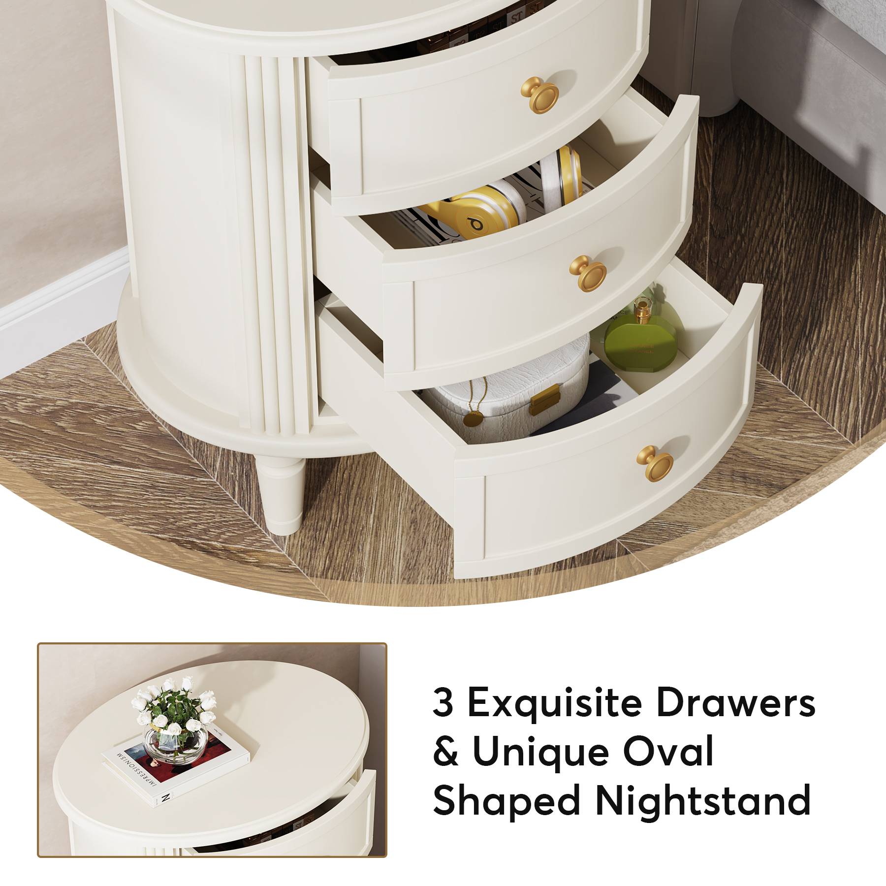 Wood Nightstand Bedside Table with 3 Drawers & Solid Wood Legs