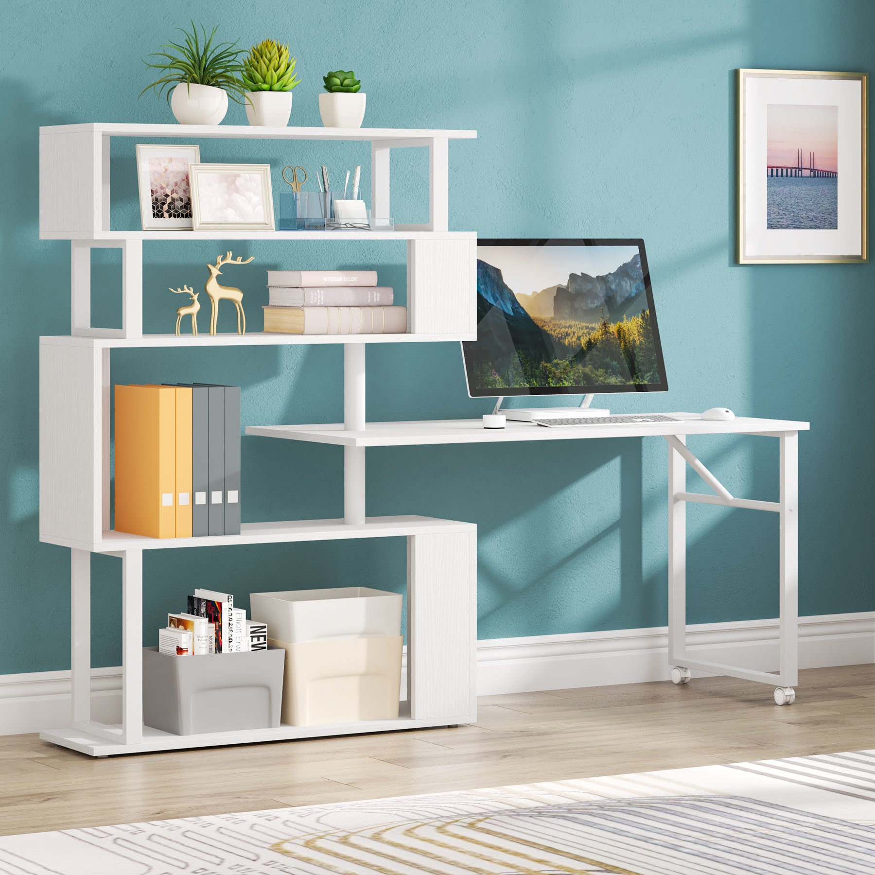 Rotating Desk with 5-Tier Bookshelf, Reversible Computer Desk with Wheels