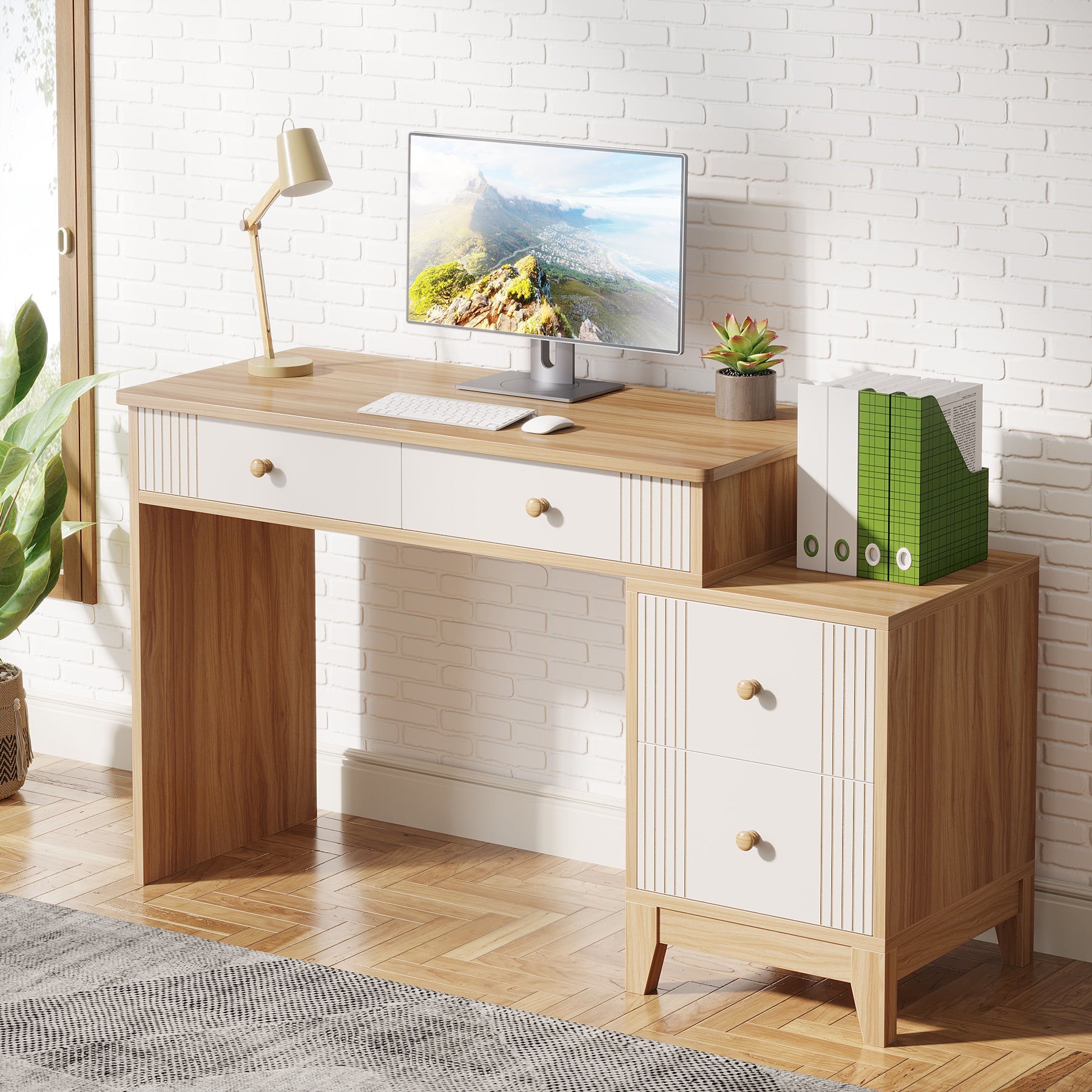 4-Drawer Computer Desk, Wooden Study Writing Table with Storage