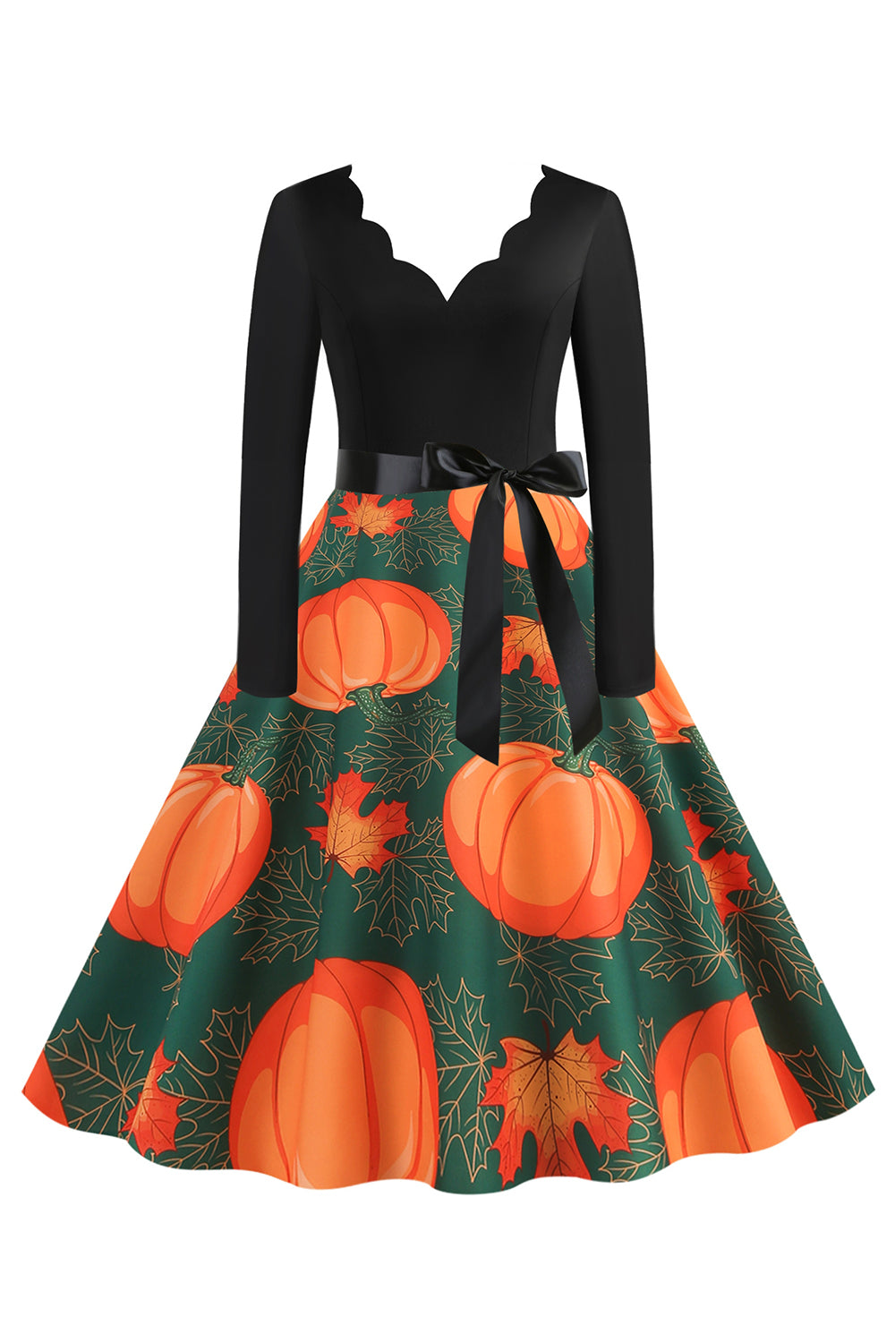 Wavy V-Neck Long Sleeve Print Halloween Retro Dress