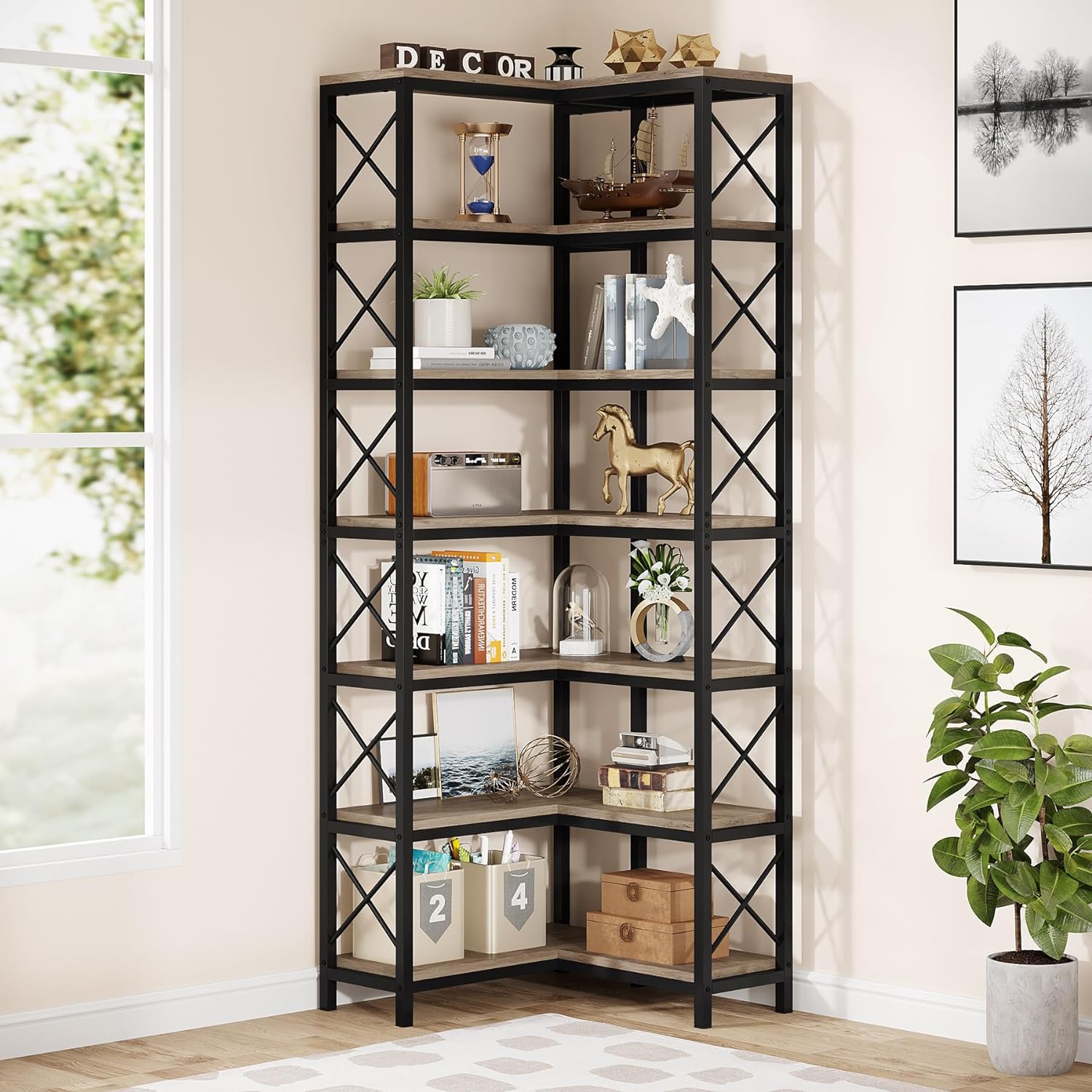 7-Tier Corner Bookshelf Corner Bookcase Storage Display Rack