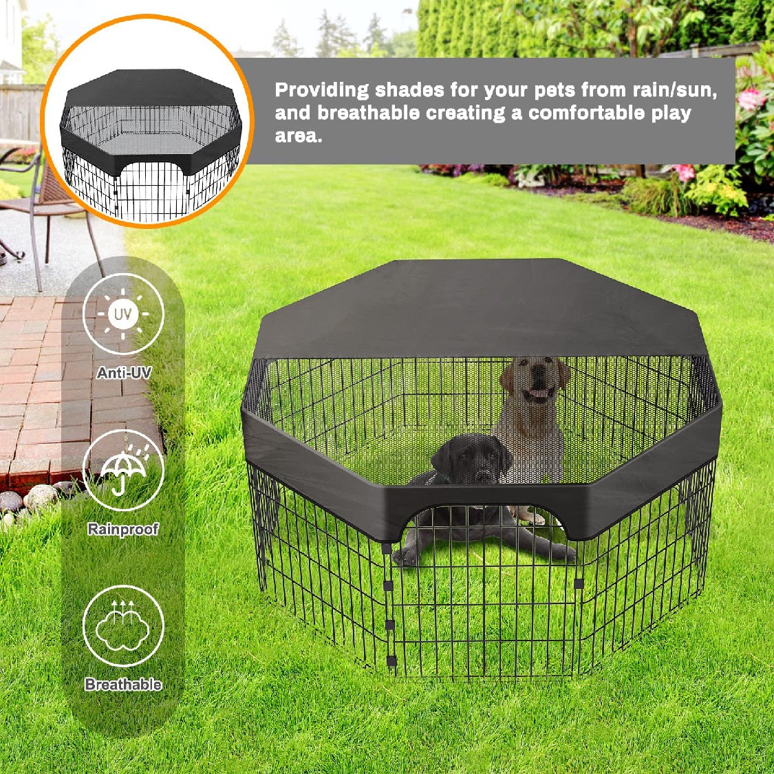 Pet Playpen Cover，24 Inches 8 Panels Dog Playpen Cover for Pets，420D Half Mesh Top Cover for Dog Playpen，Provide Shaded Areas Prevent Escape Outdoor Indoor Dog Pen Cover (Playpen Not Included)