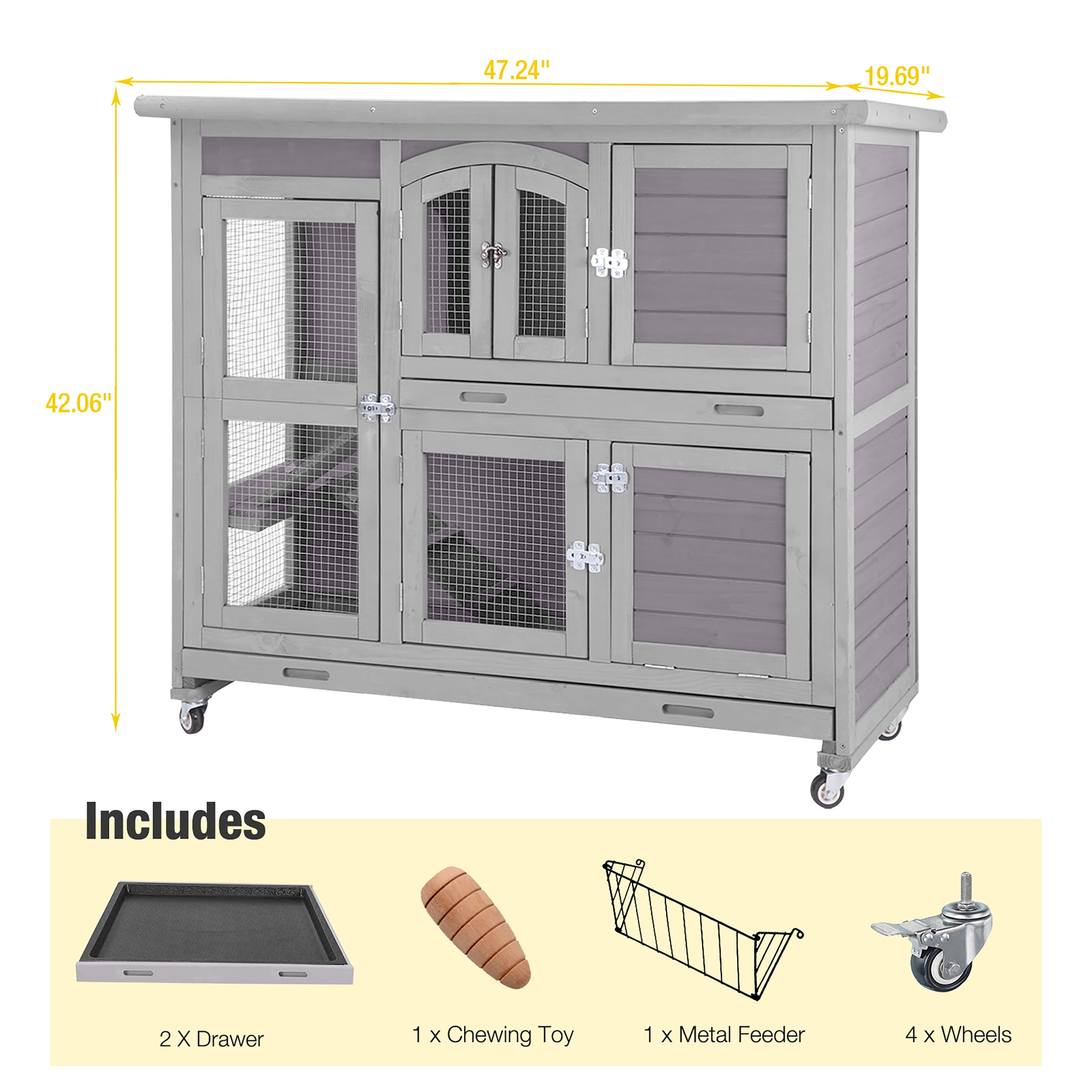 Morgete Wood Rabbit Hutch Bunny Cage with Wheel， Two Layer Guinea Pig House for Outdoors and Indoors