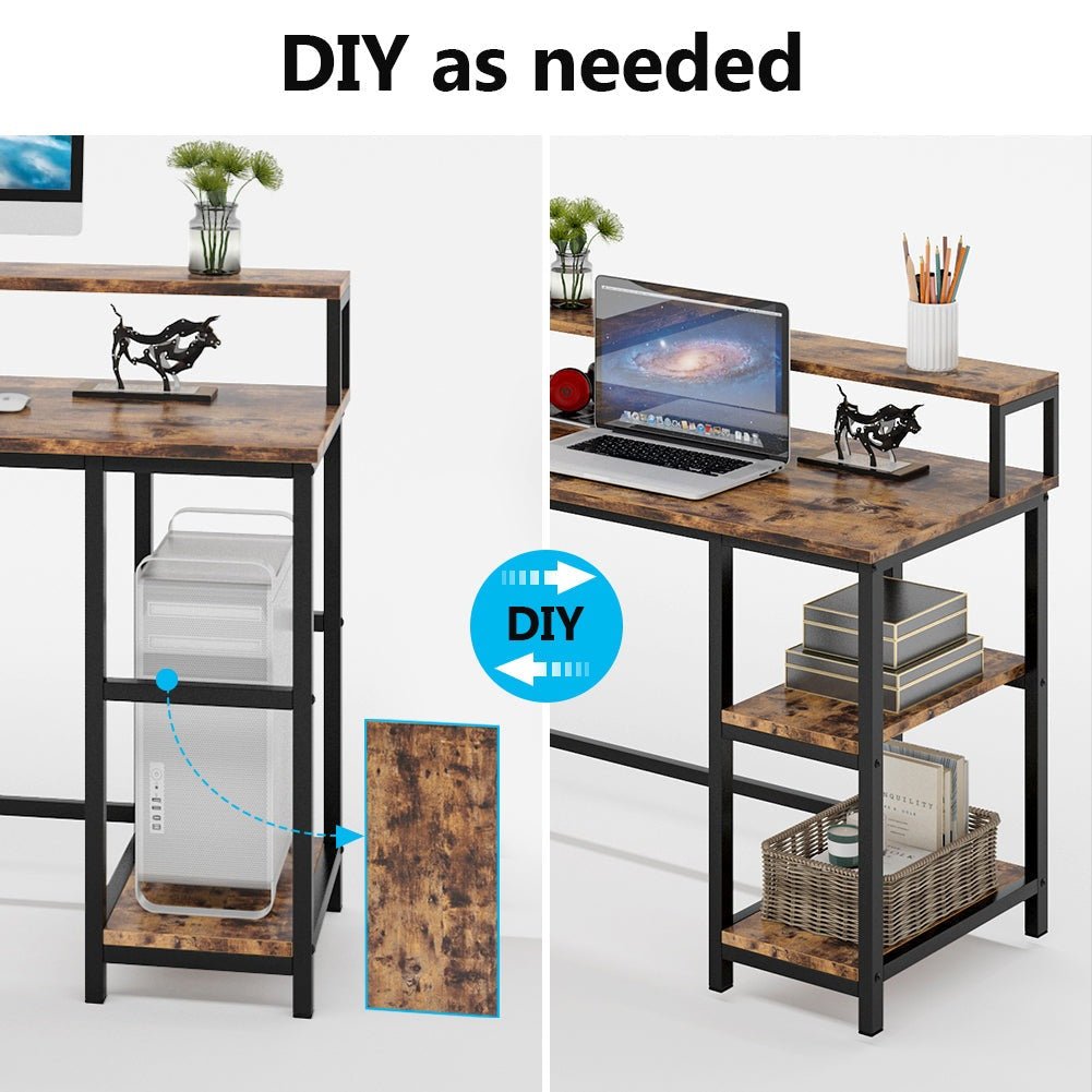 Industrial L-Shaped Desk, Corner Computer Desk with Monitor Stand & Shelves