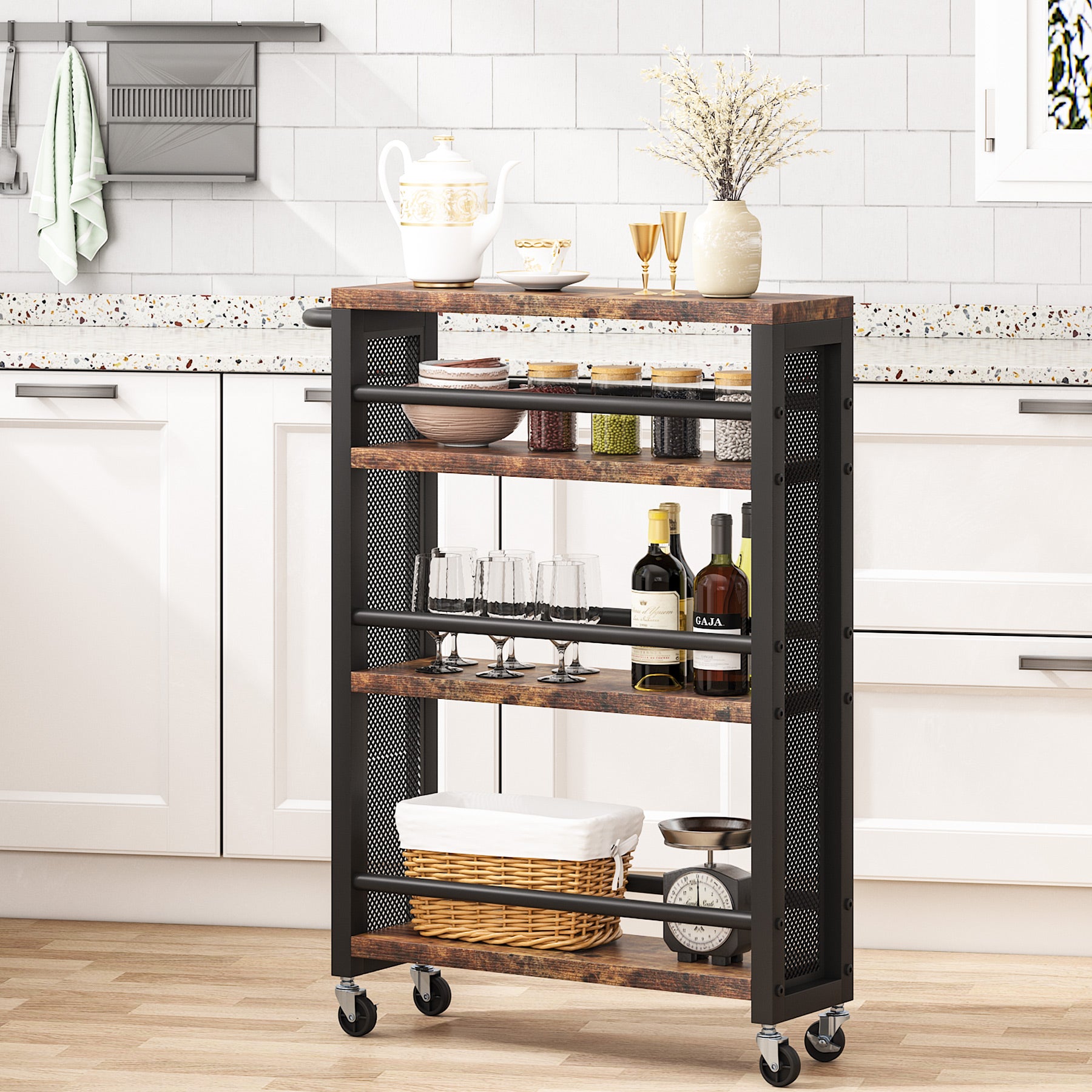 Slim Kitchen Cart, 4-Tier Storage Rolling Cart with Handle