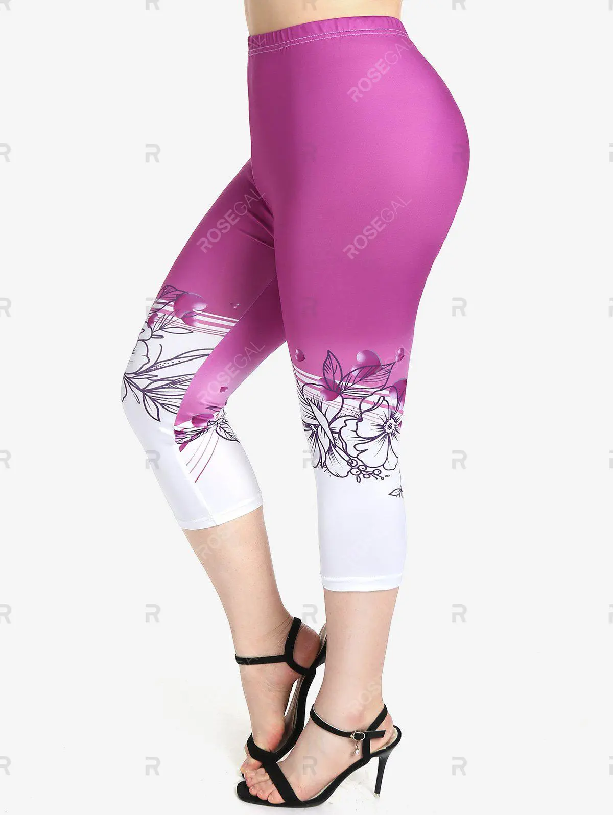 Floral Printed Colorblock T Shirt and High Rise Floral Print Skinny Leggings Plus Size Summer Outfit