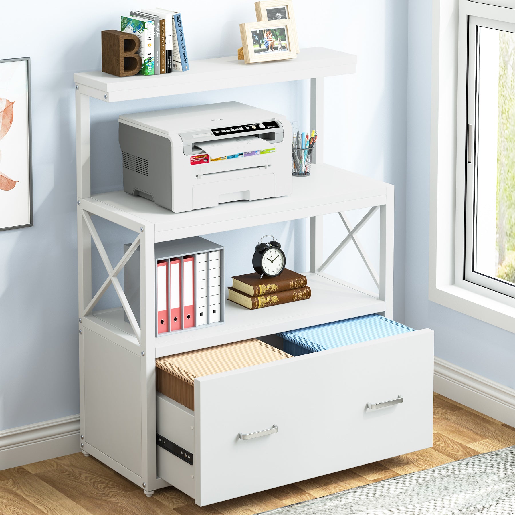 Lateral File Cabinet Printer Stand with Drawer & Shelves