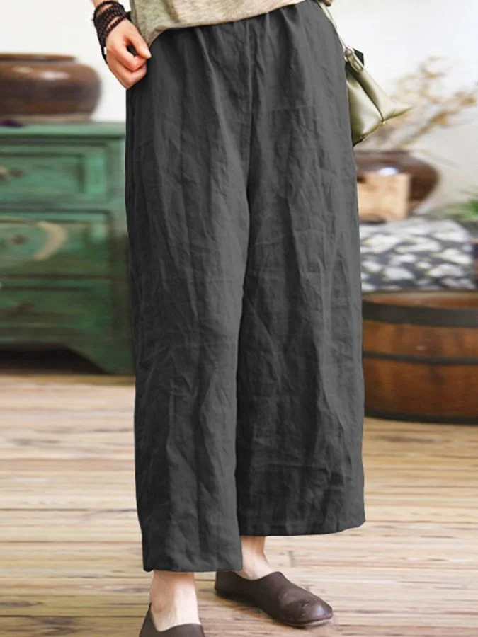 Ladies Cotton Linen Loose Casual Ninth Wide Leg Pants
