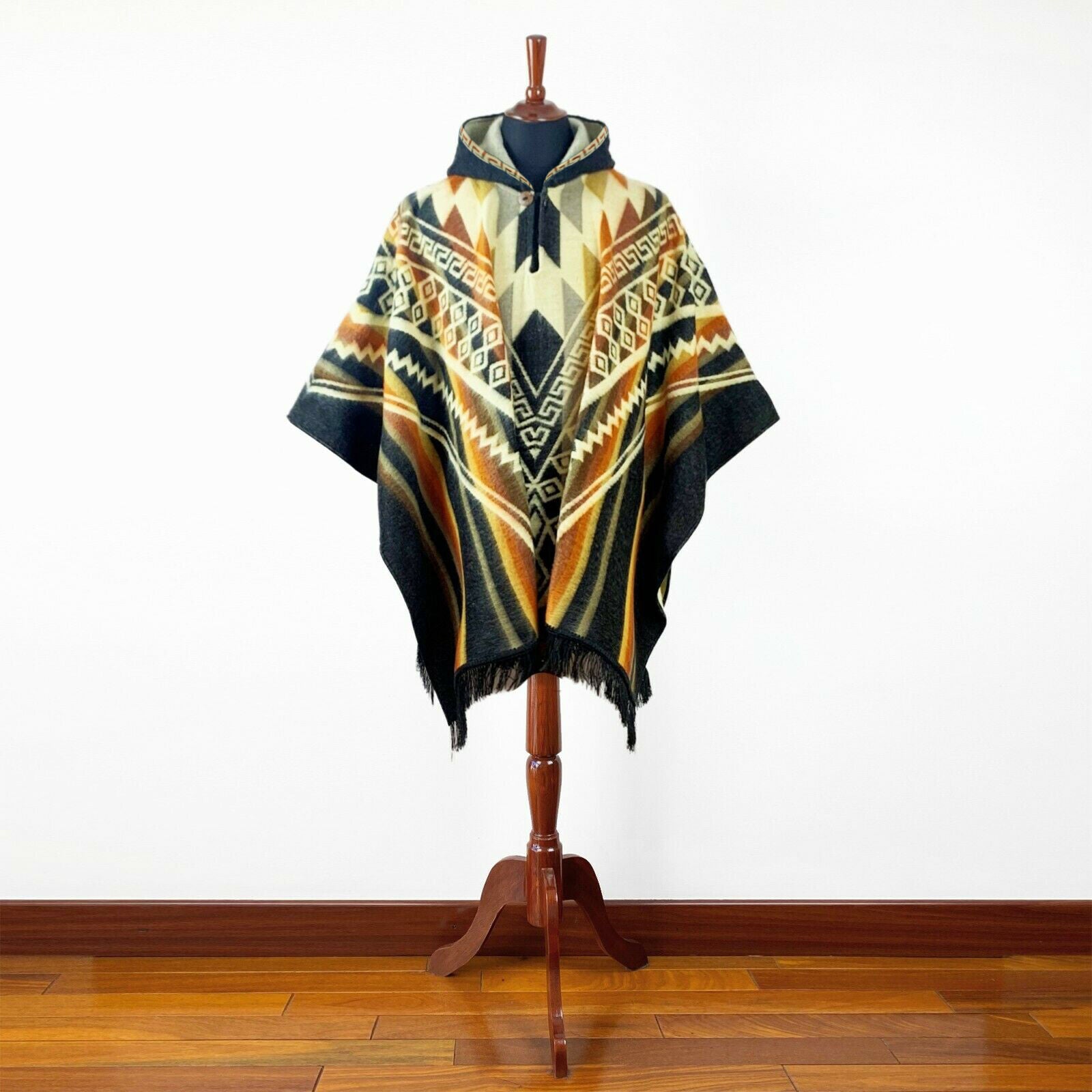 Shakai - Baby  Hooded Unisex Poncho XXL - Aztec pattern - BLACK