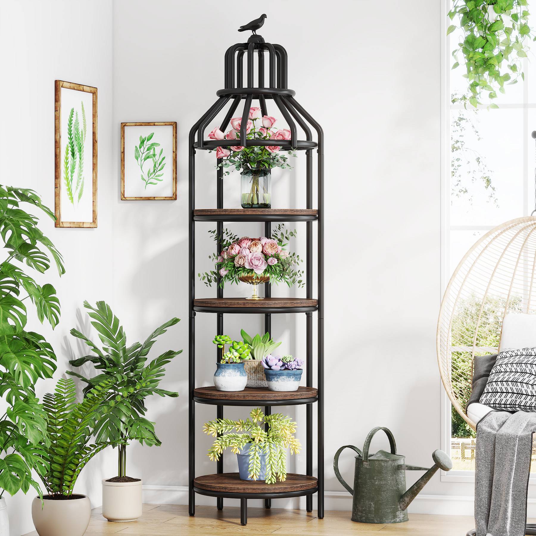 Industrial Bookshelf, 4-Tier Etagere Bookcase with Bird Cage Design