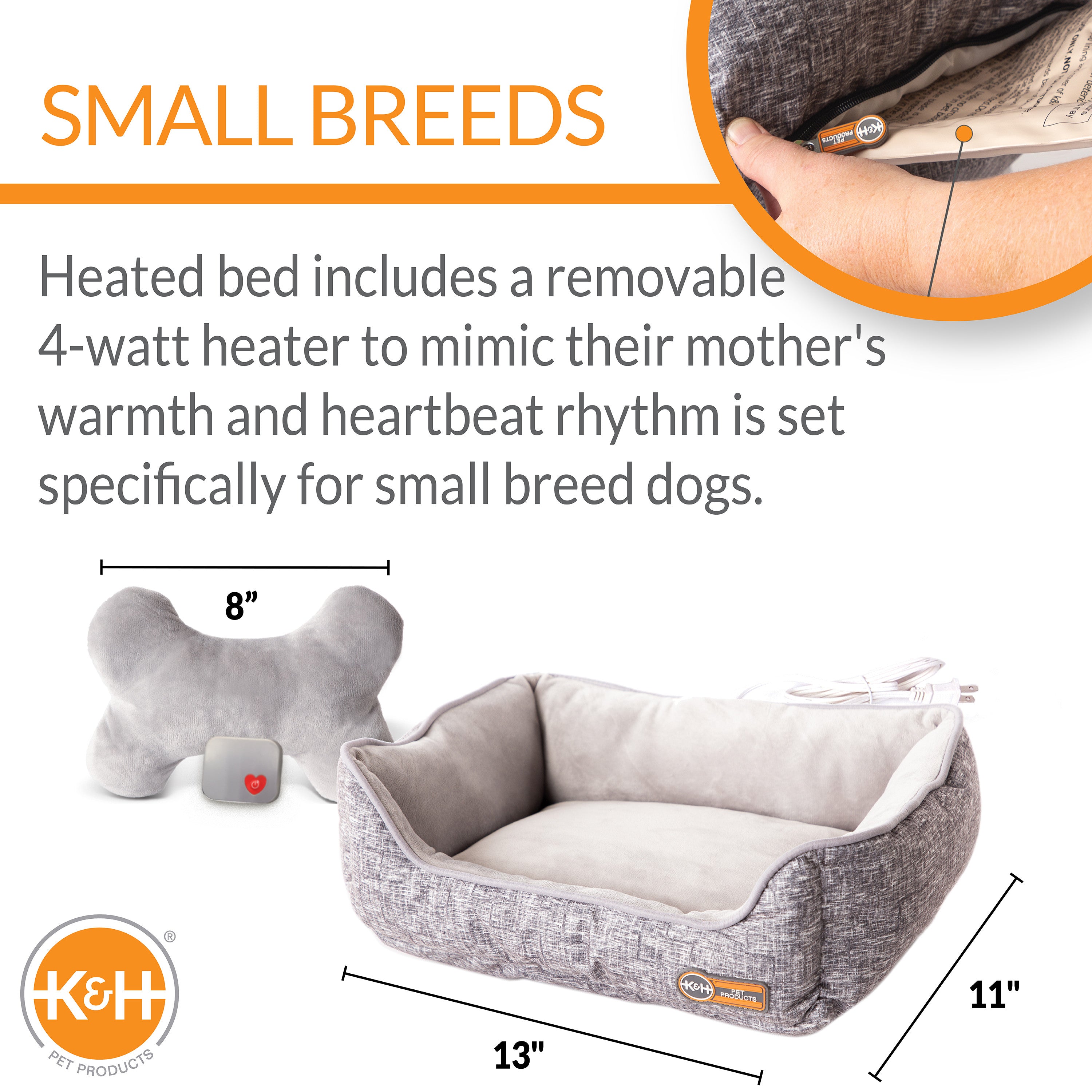 KandH Pet Products Mother’s Heartbeat Heated Puppy Bed Heated Bed + Bone Pillow Gray Small Breed Heartbeat 11 X 13 Inches